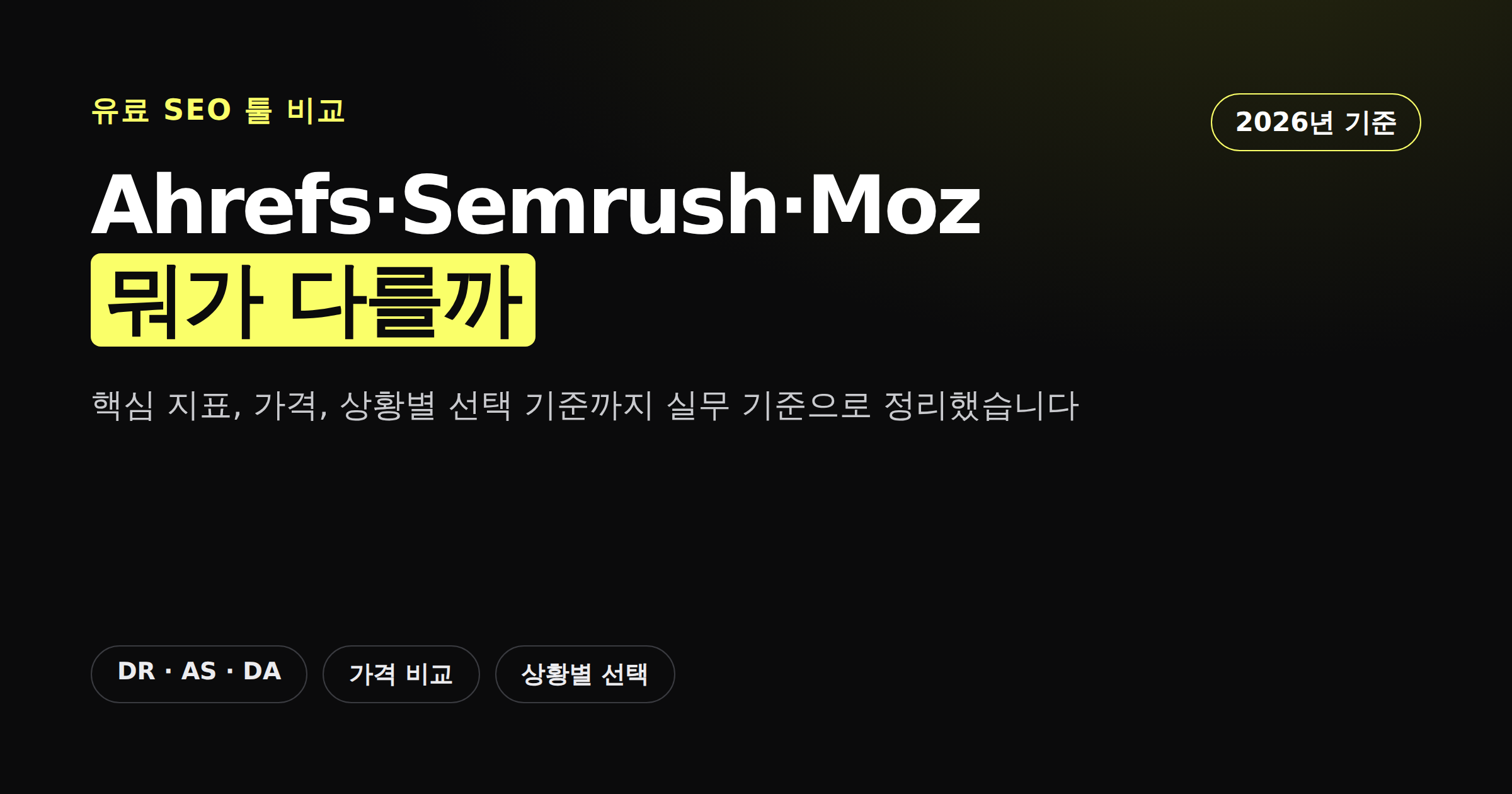 Ahrefs·Semrush·Moz 세 SEO 툴의 강점과 차이를 정리한 카드뉴스형 이미지