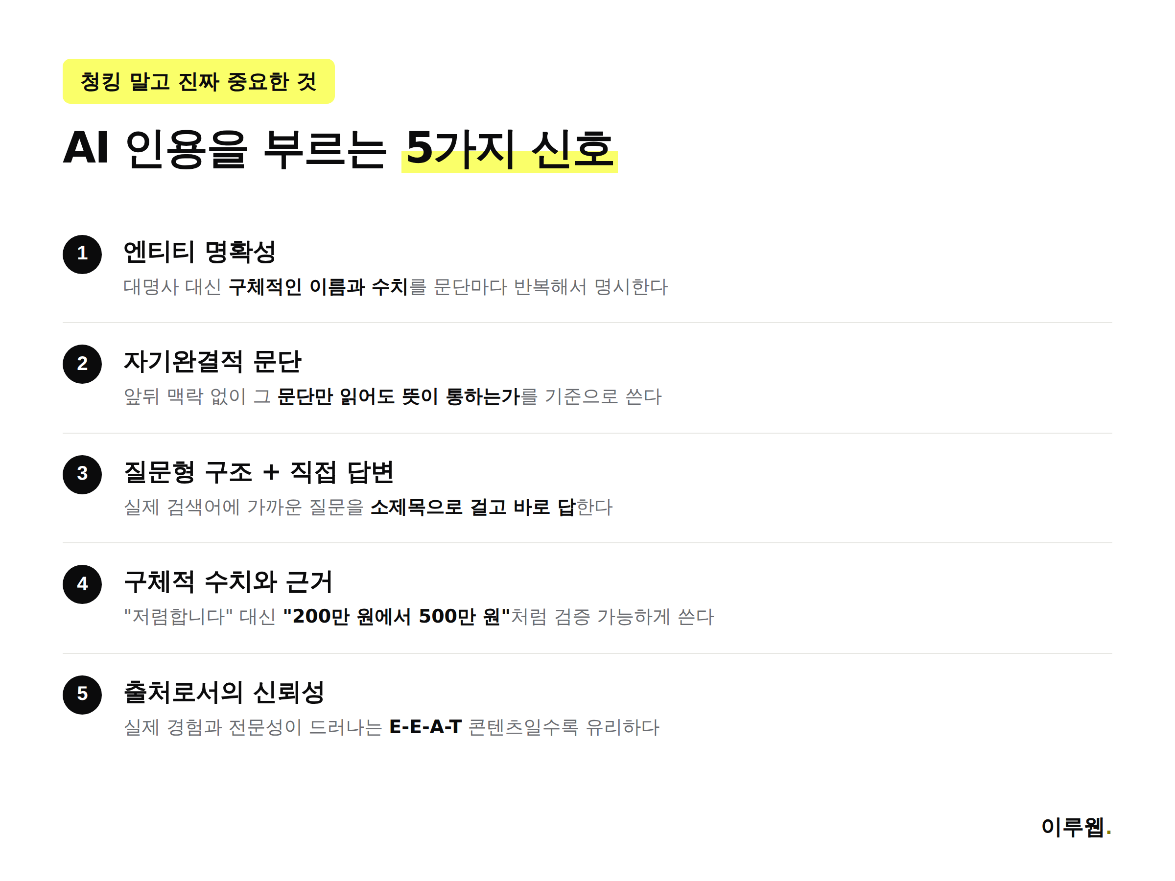 AI 인용 가능성을 높이는 5가지 신호를 정리한 인포그래픽