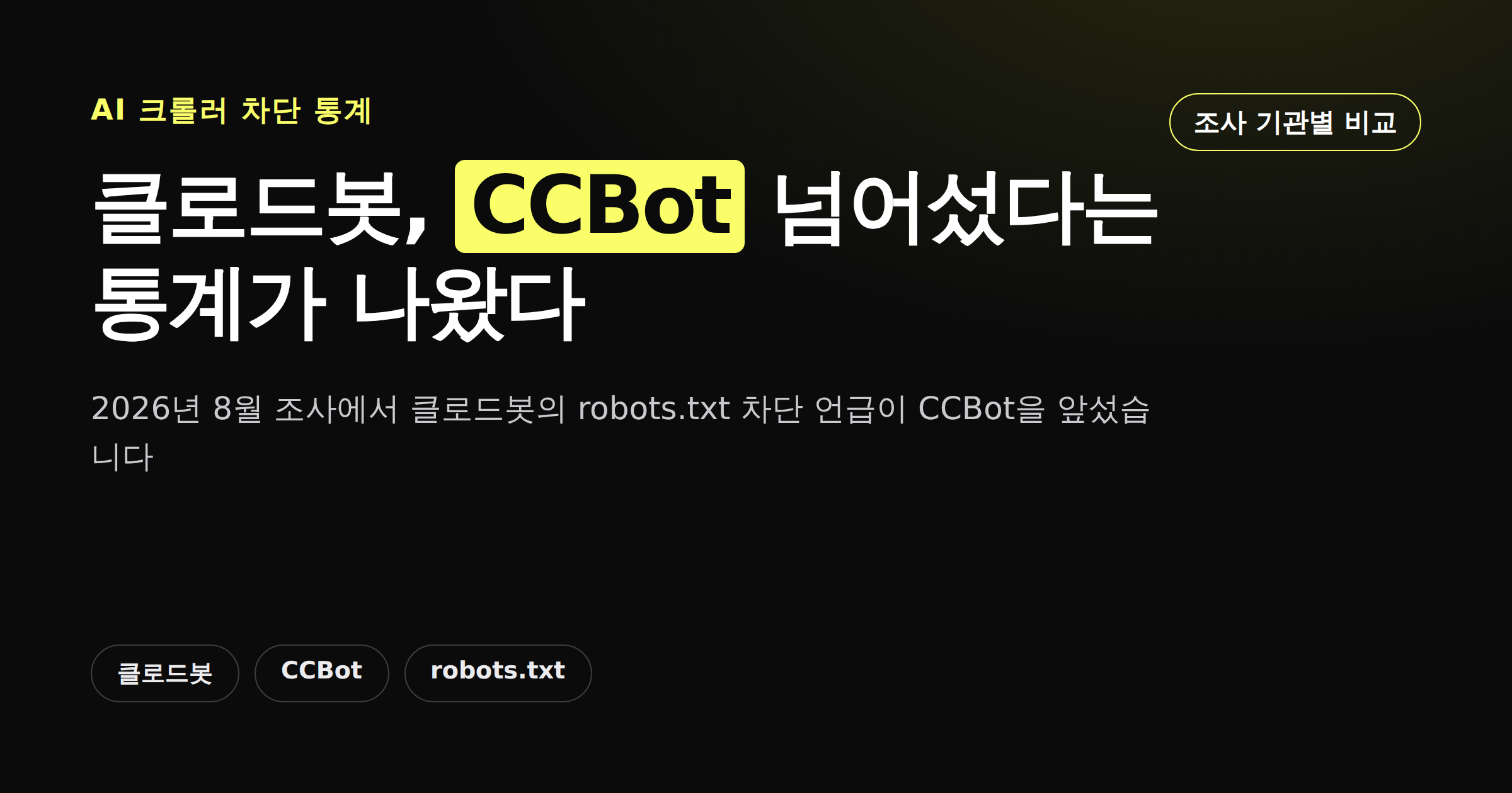 클로드봇이 CCBot을 앞섰다는 AI 크롤러 차단 통계를 정리한 카드뉴스 커버