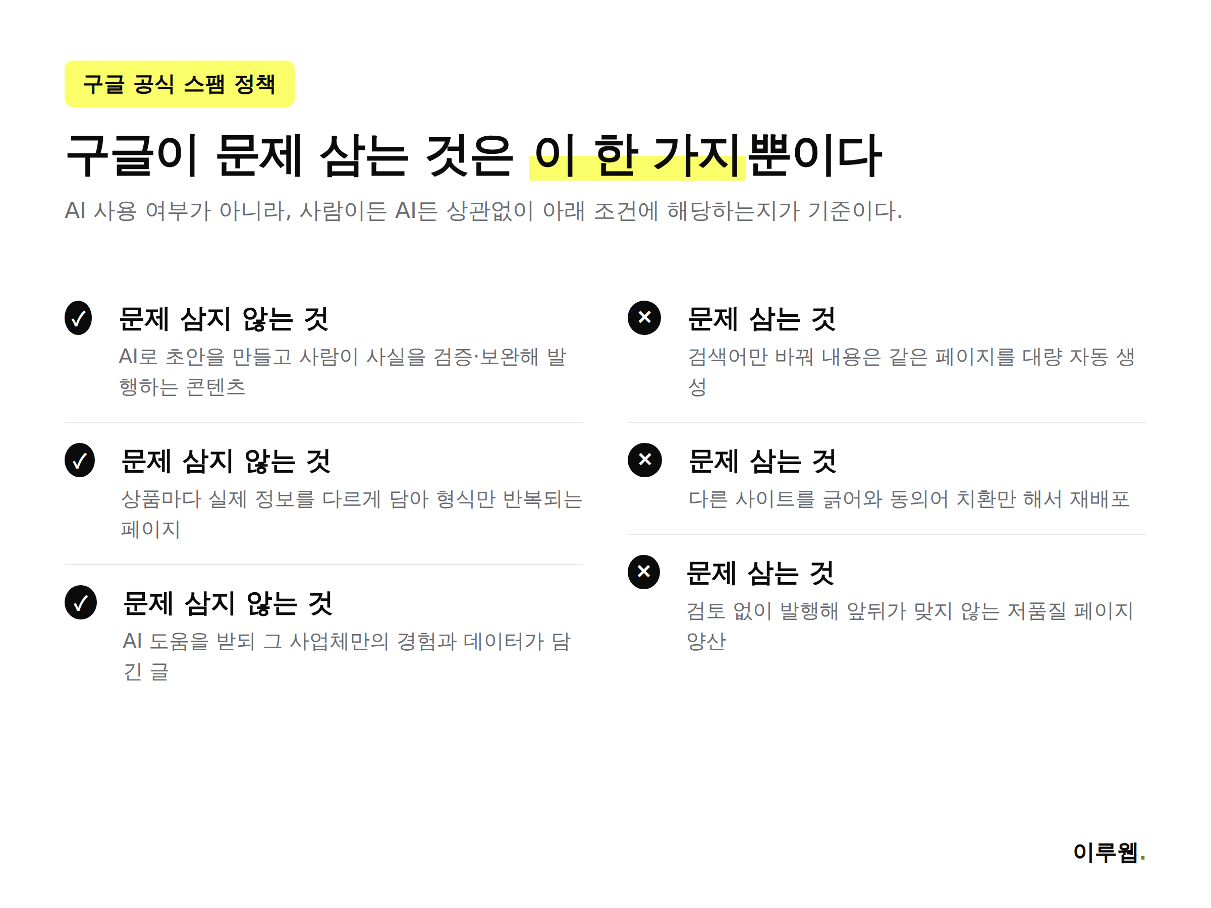 구글이 문제 삼는 스케일드 콘텐츠 남용과 문제 삼지 않는 AI 활용을 비교한 인포그래픽