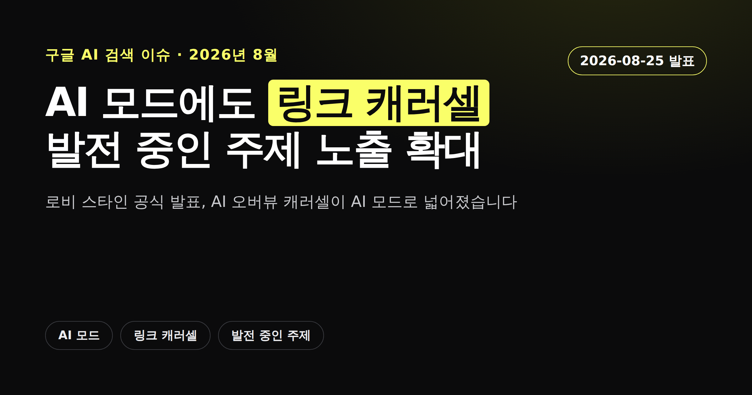 구글 AI 모드에 발전 중인 주제 링크 캐러셀이 추가됐다는 소식을 정리한 카드뉴스 커버