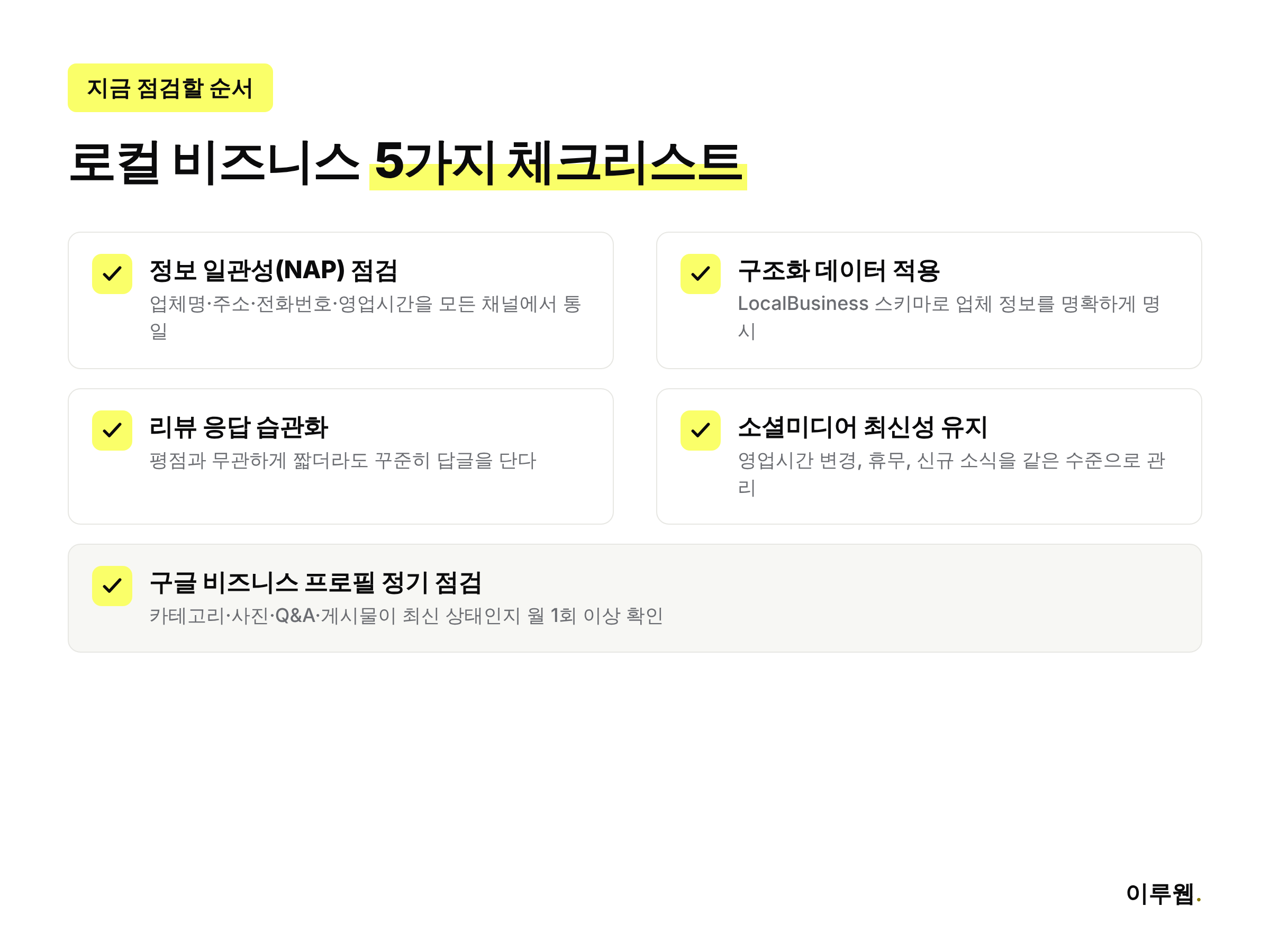 정보 일관성, 구조화 데이터, 리뷰 응답 등 로컬 비즈니스 점검 체크리스트 인포그래픽