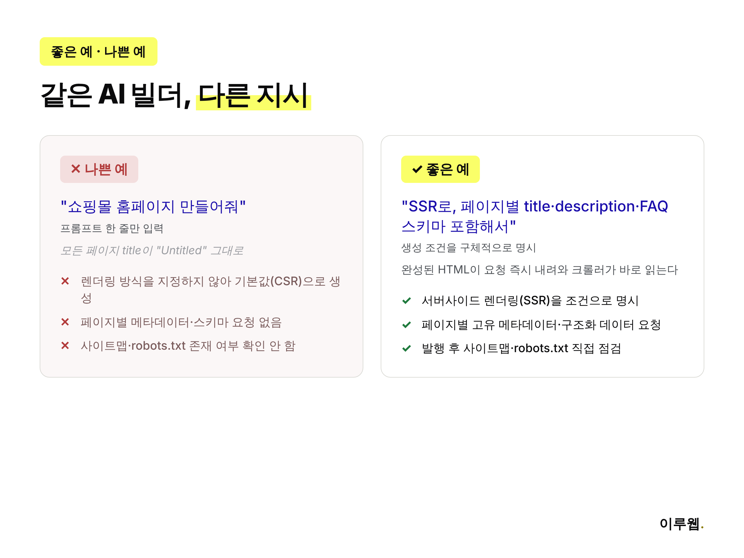 AI 웹사이트 빌더에 짧게 지시한 나쁜 예와 SEO 조건을 구체적으로 명시한 좋은 예 비교