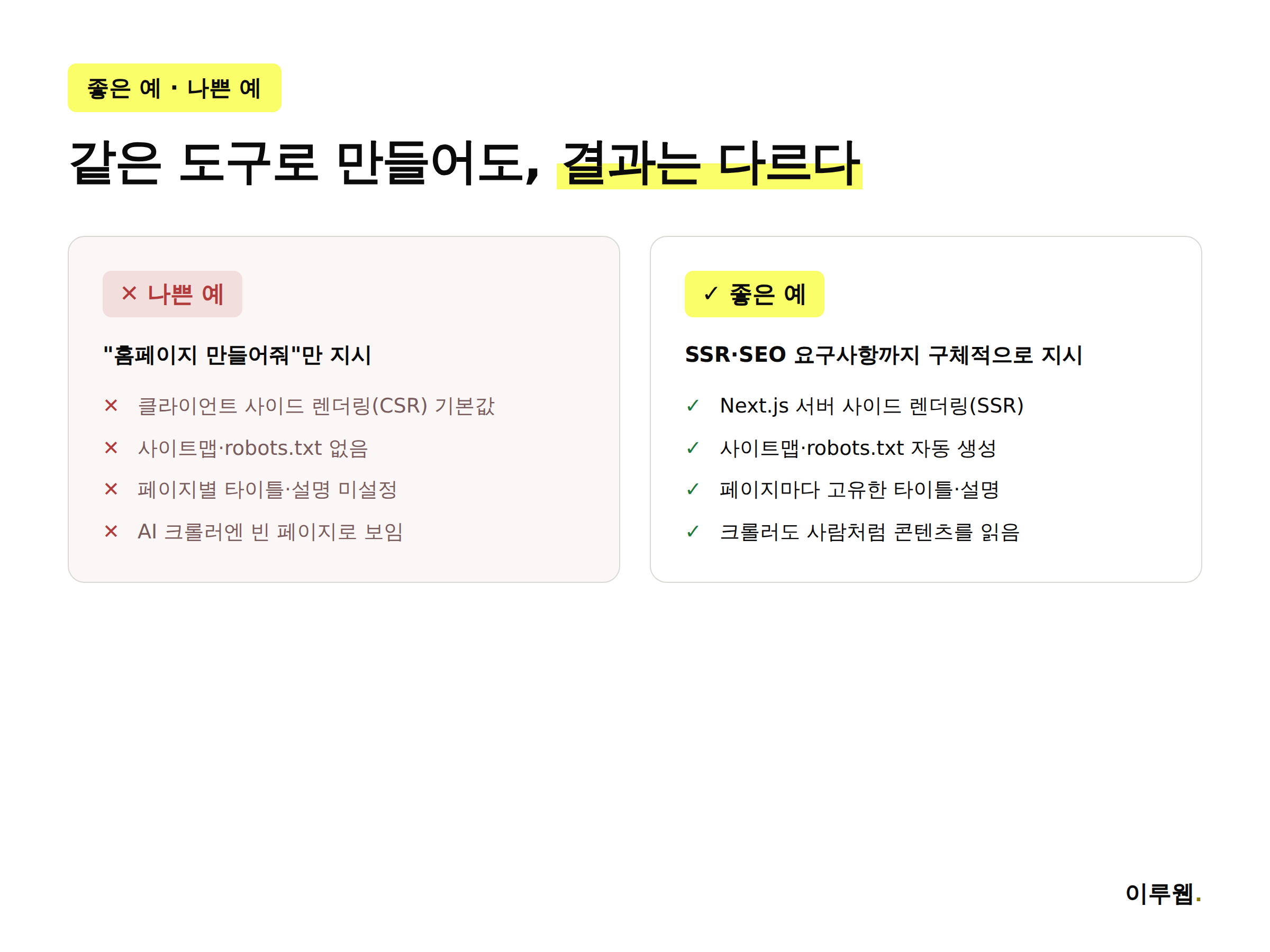 바이브코딩 사이트의 SEO 나쁜 예와 좋은 예를 렌더링 방식 기준으로 비교하는 인포그래픽