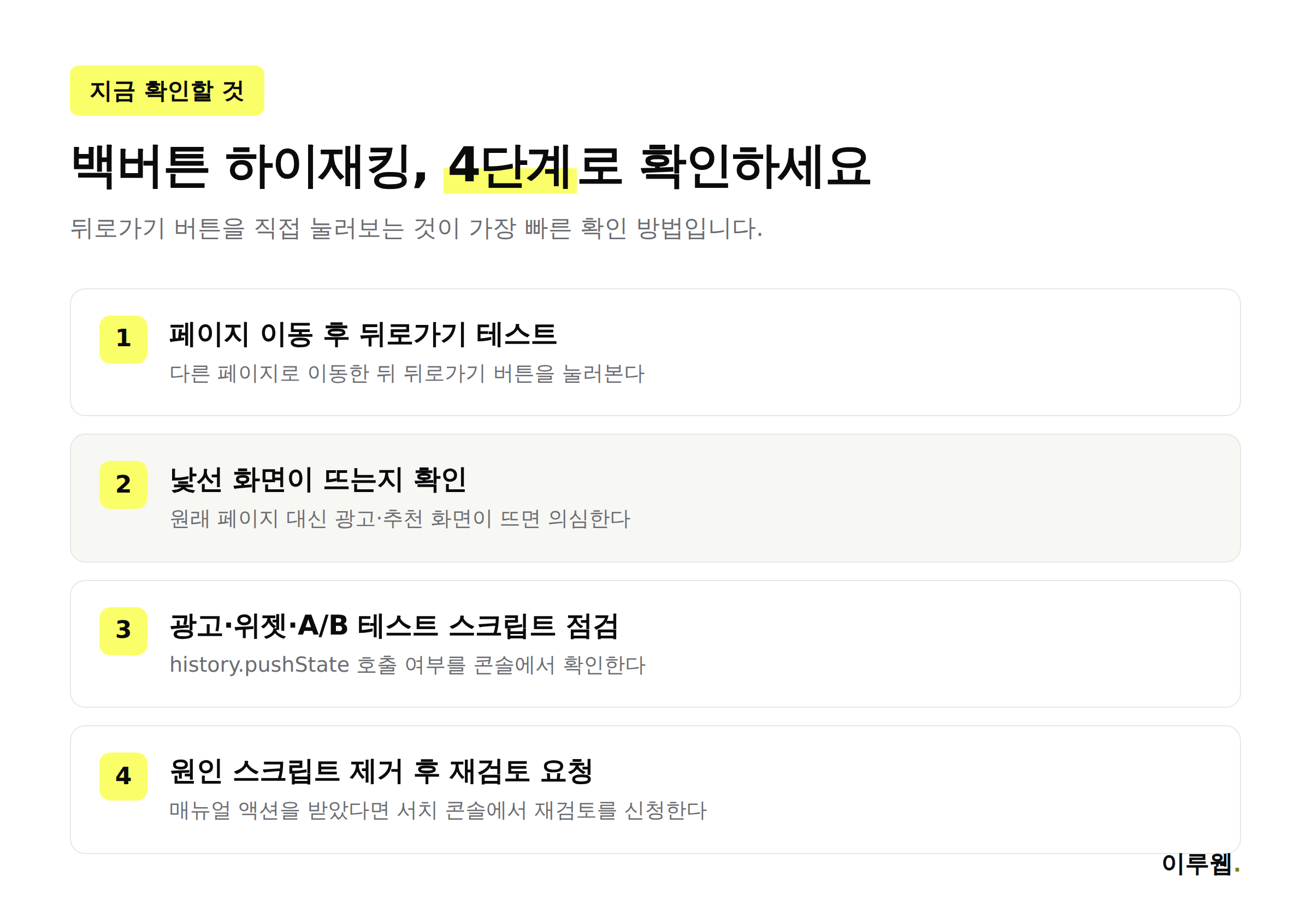 백버튼 하이재킹 여부를 확인하는 4단계 체크리스트 인포그래픽