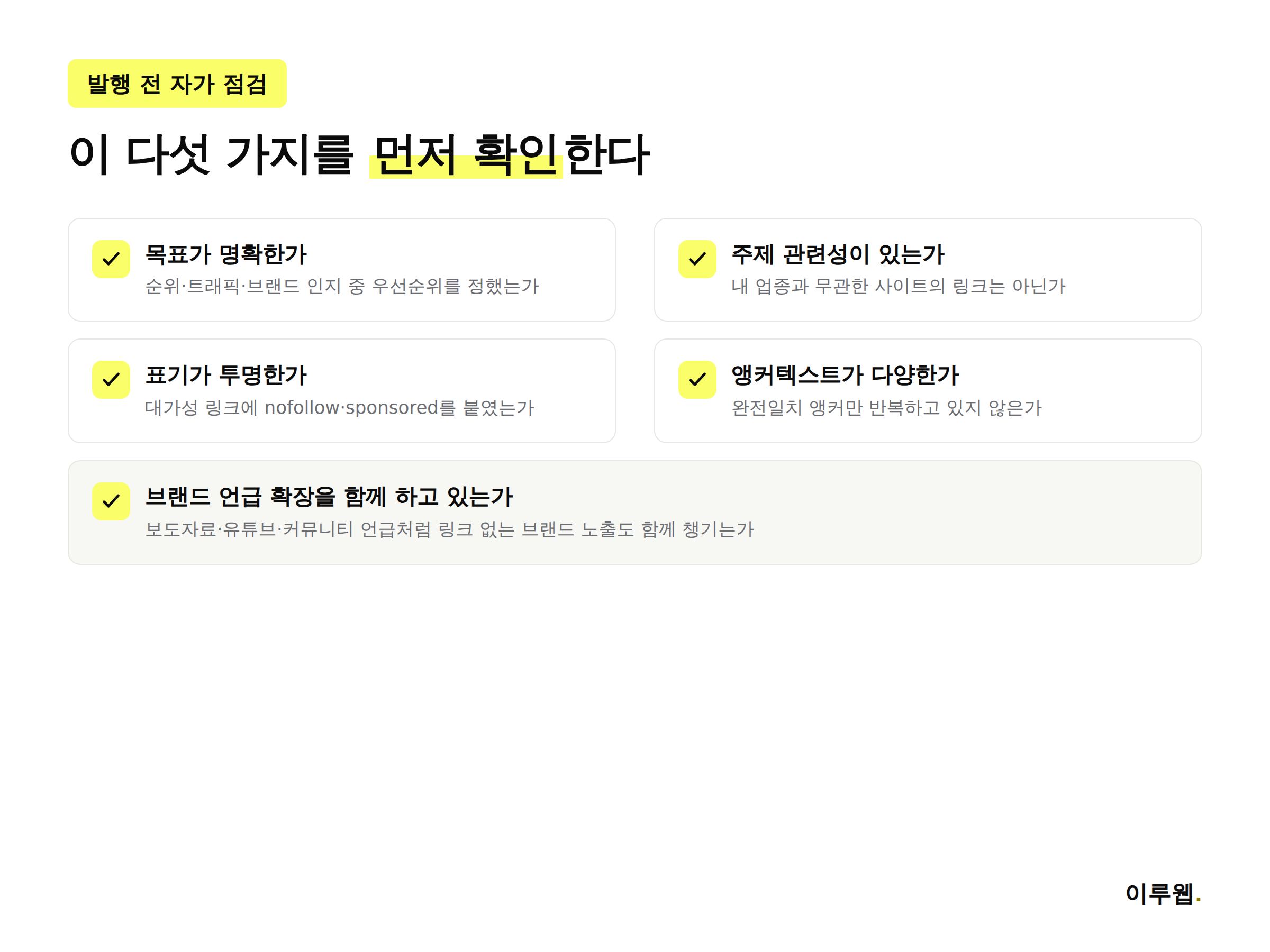 백링크 전략 발행 전 자가 점검 다섯 가지, 목표, 관련성, 표기, 앵커텍스트, 브랜드 언급 확장을 정리한 체크리스트 인포그래픽