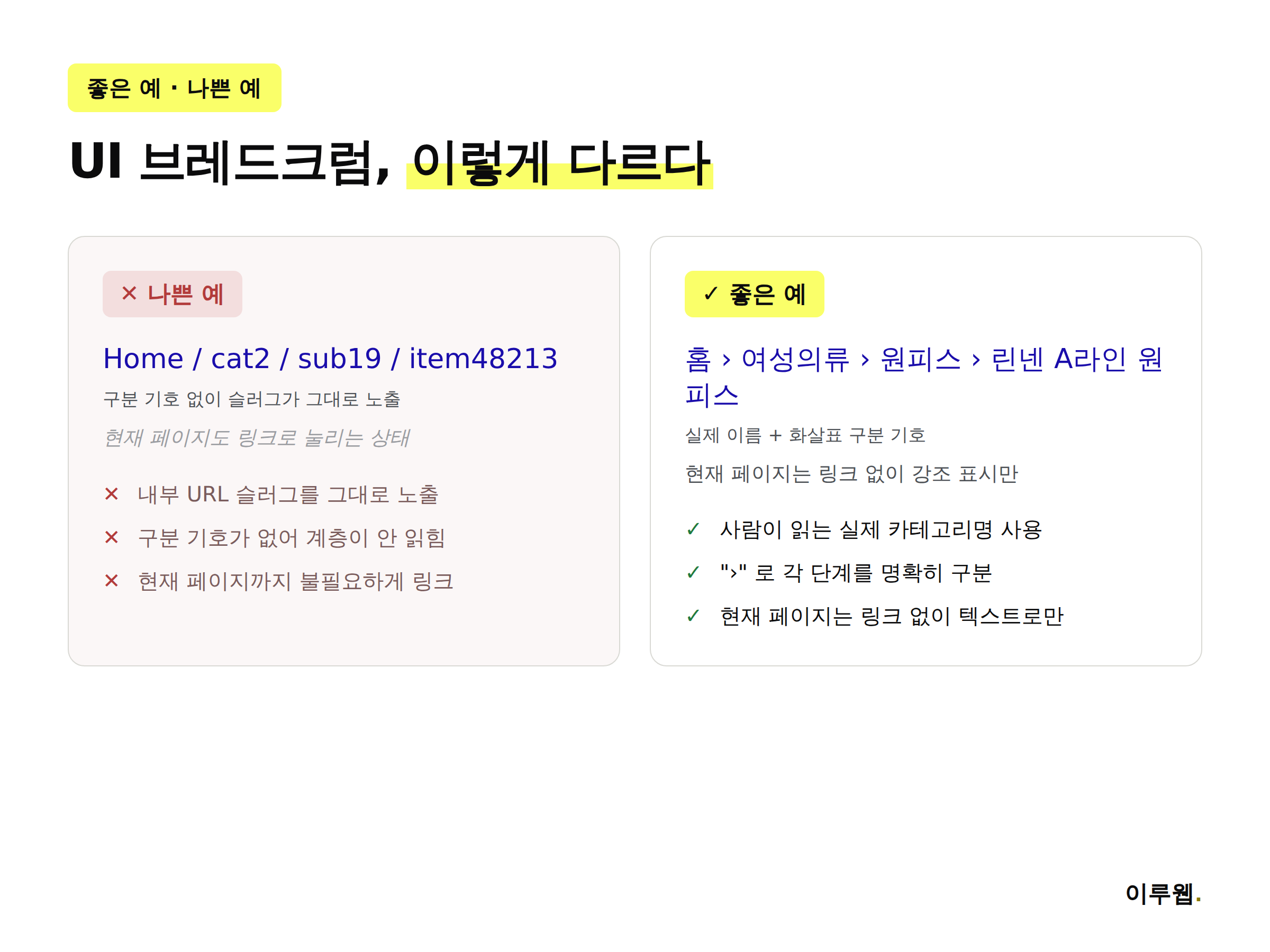 브레드크럼 UI 나쁜 예와 좋은 예 비교 인포그래픽