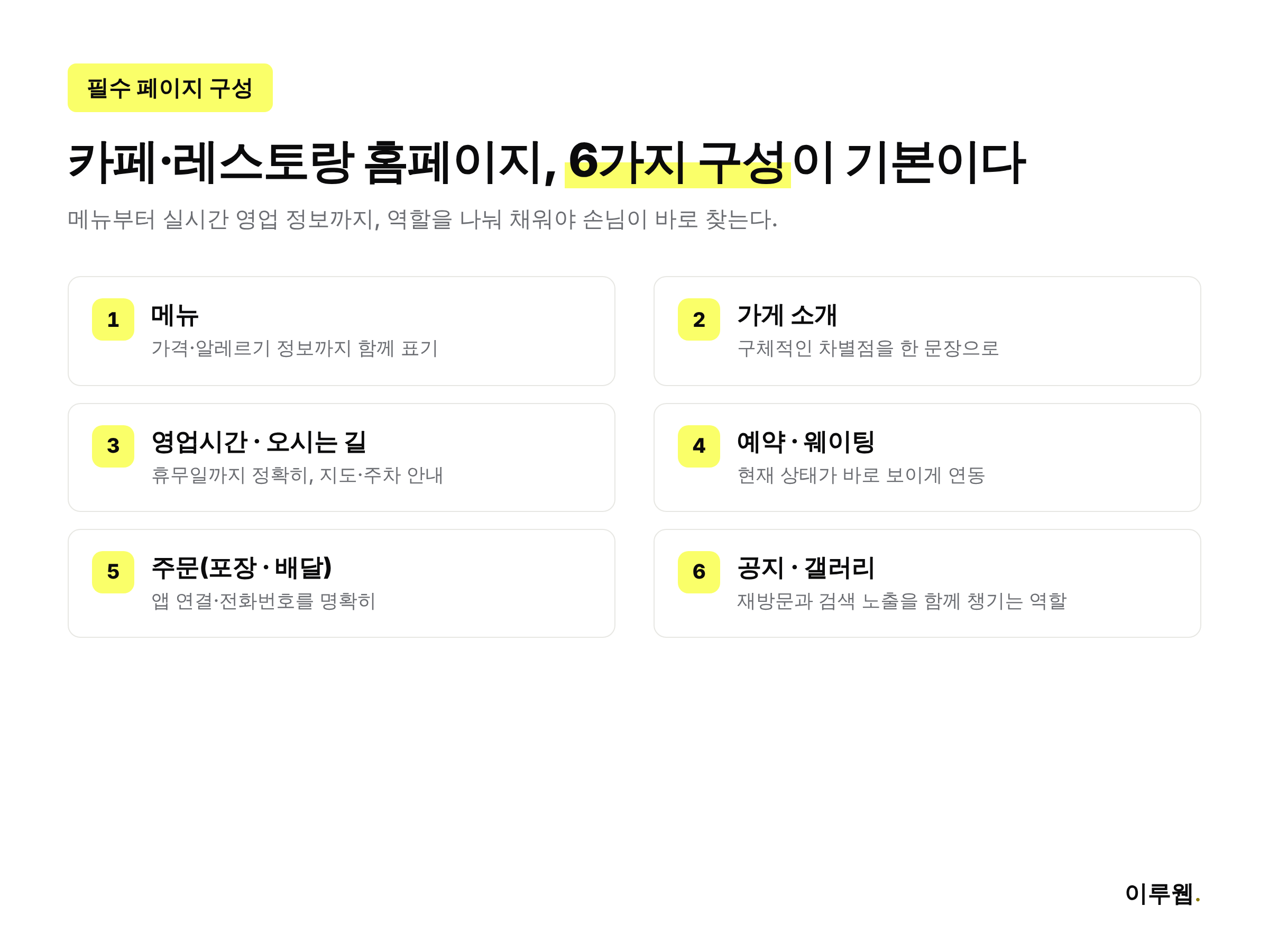 카페·레스토랑 홈페이지 필수 페이지 구성 6가지를 정리한 체크리스트 이미지