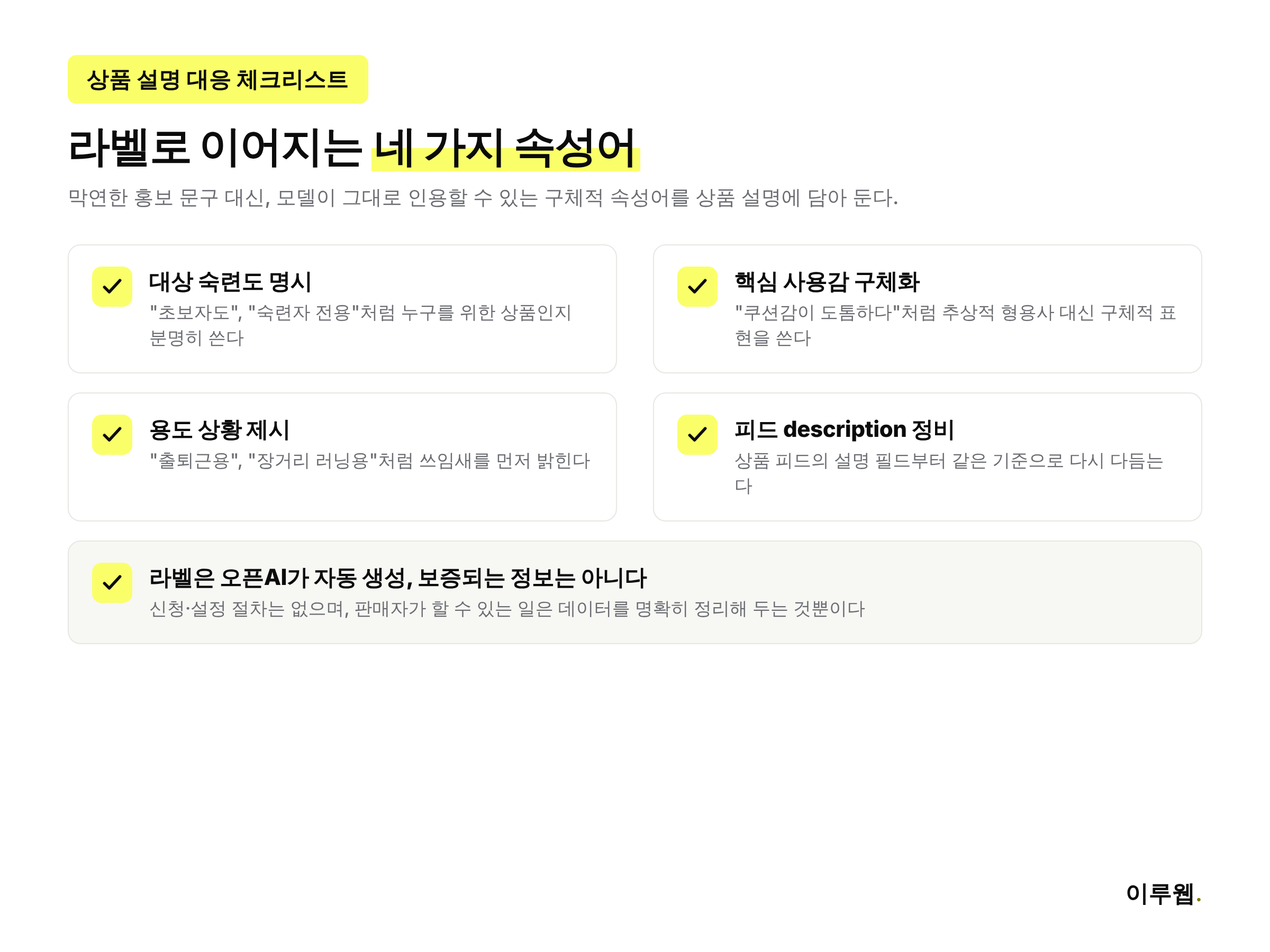 챗GPT 상품 라벨 테스트에 대응하기 위한 상품 설명 작성 체크리스트 인포그래픽