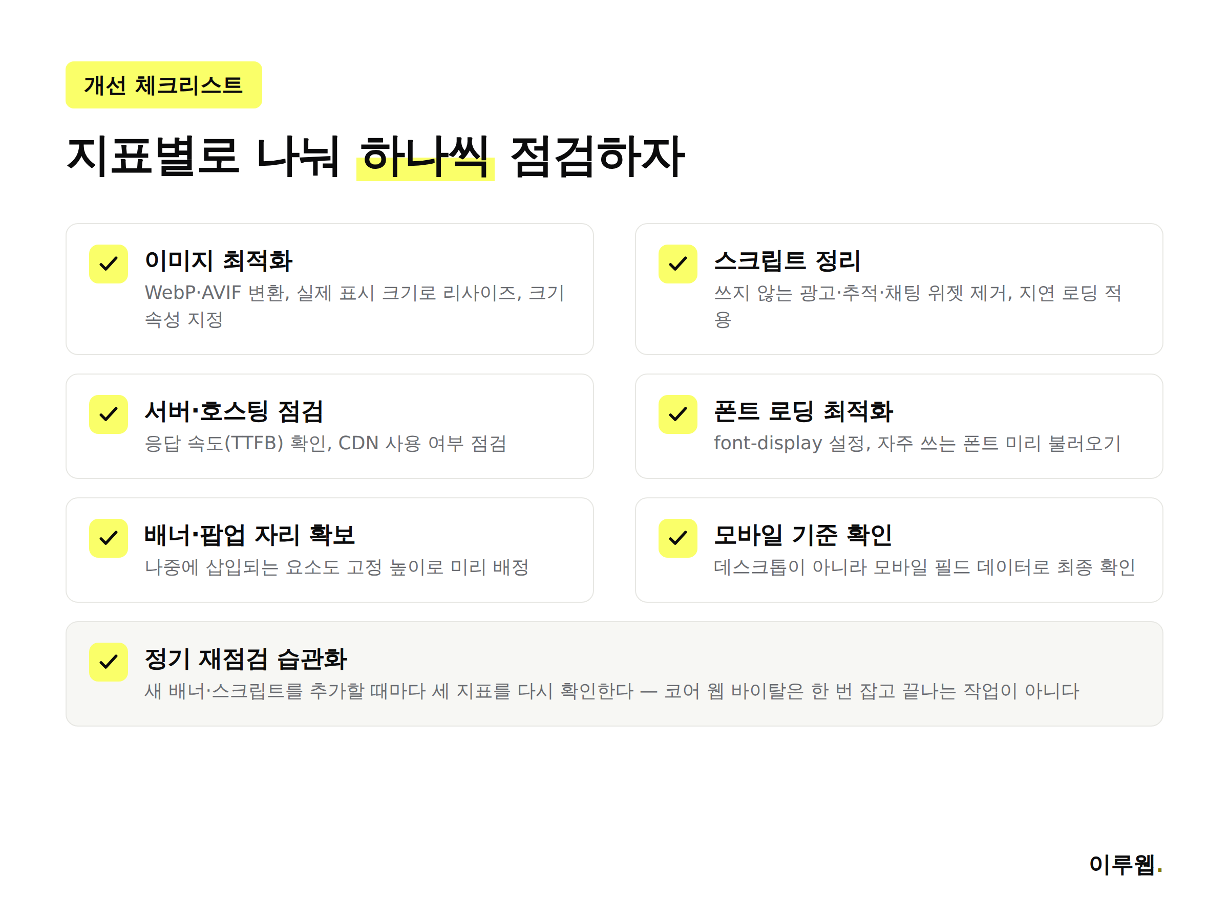 코어 웹 바이탈 LCP INP CLS 개선을 위한 실전 체크리스트 이미지