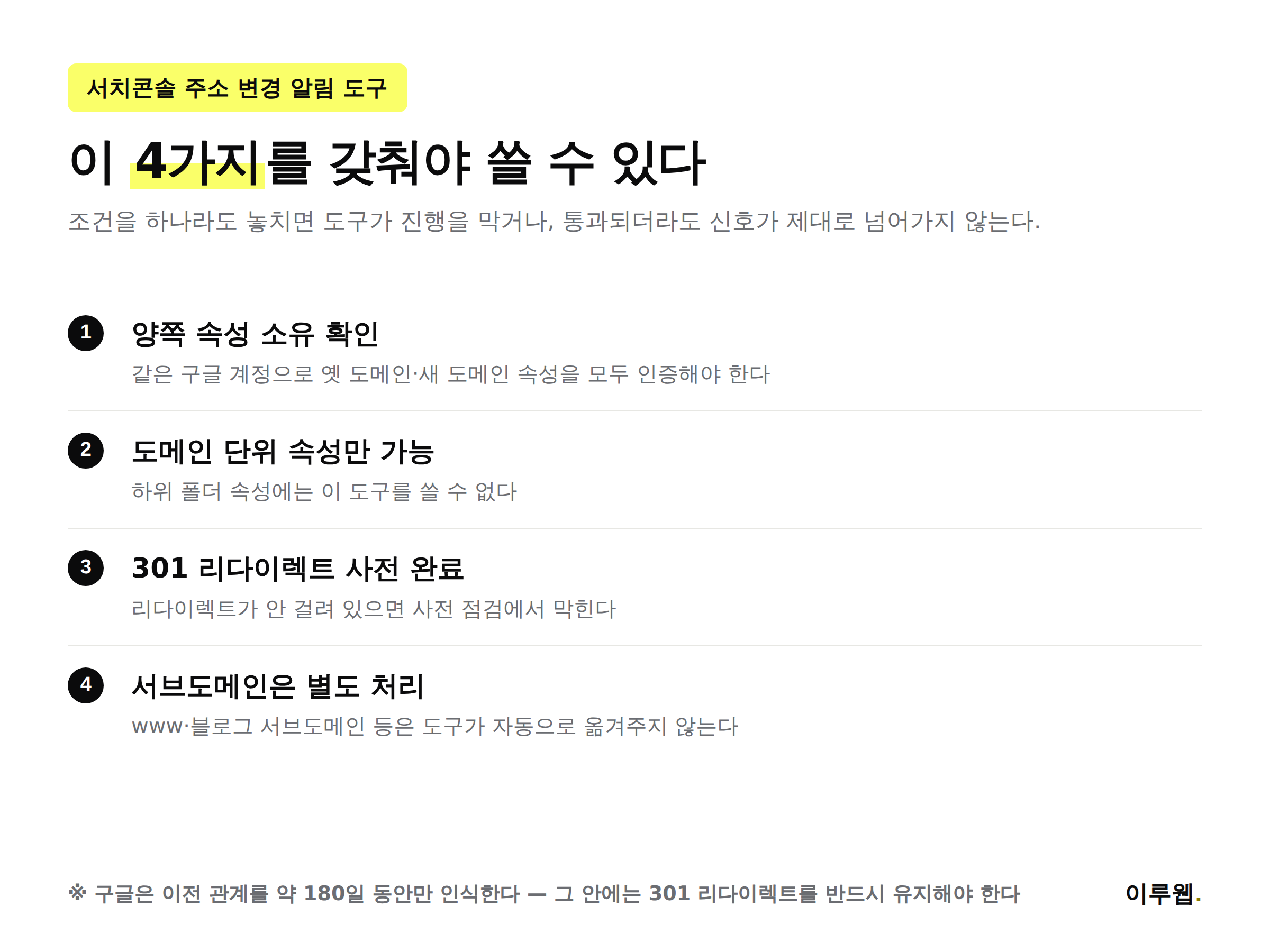 구글 서치 콘솔 주소 변경 알림 도구 사용 조건 4가지 인포그래픽