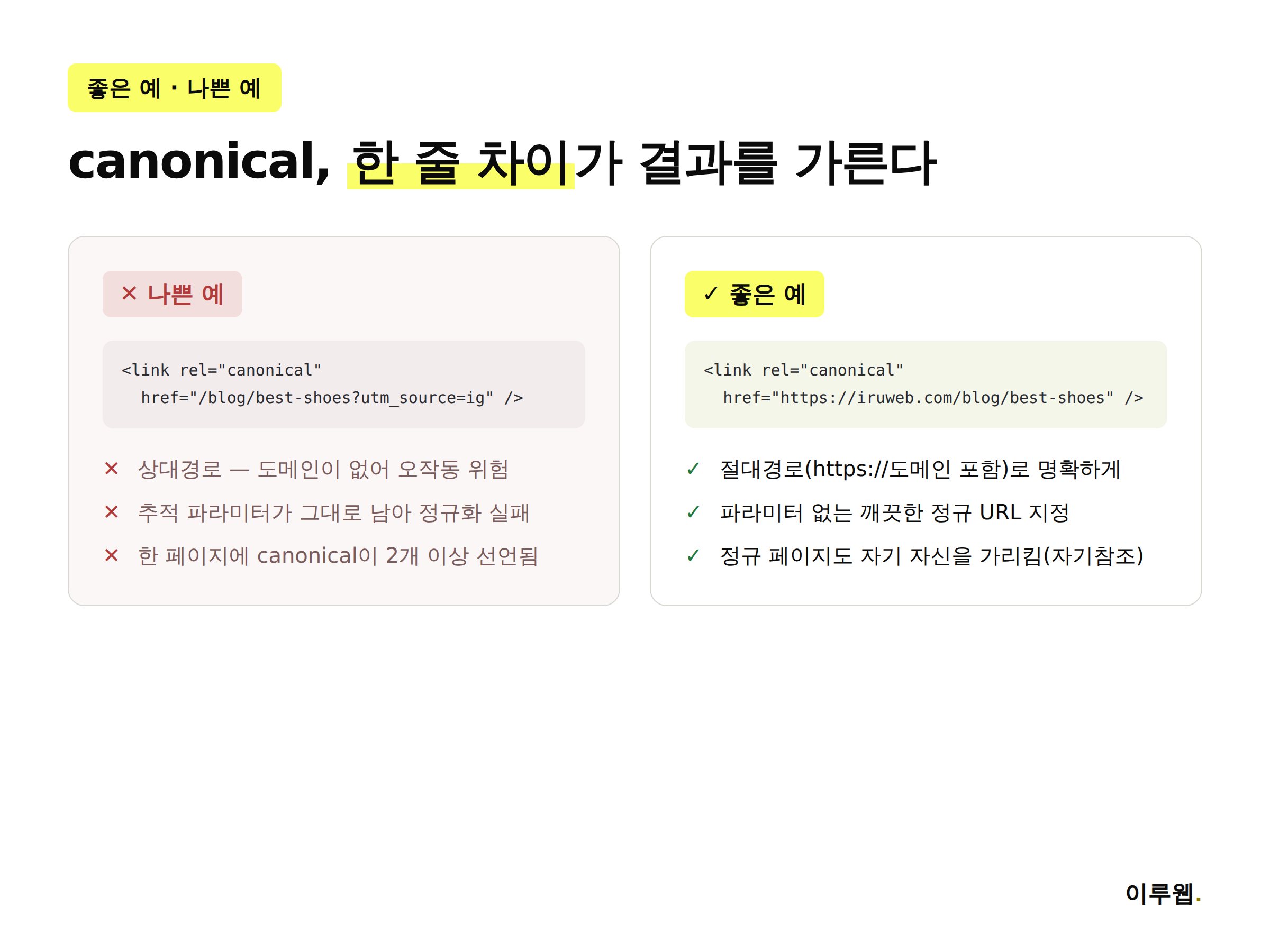 canonical 태그 나쁜 예와 좋은 예 코드 비교