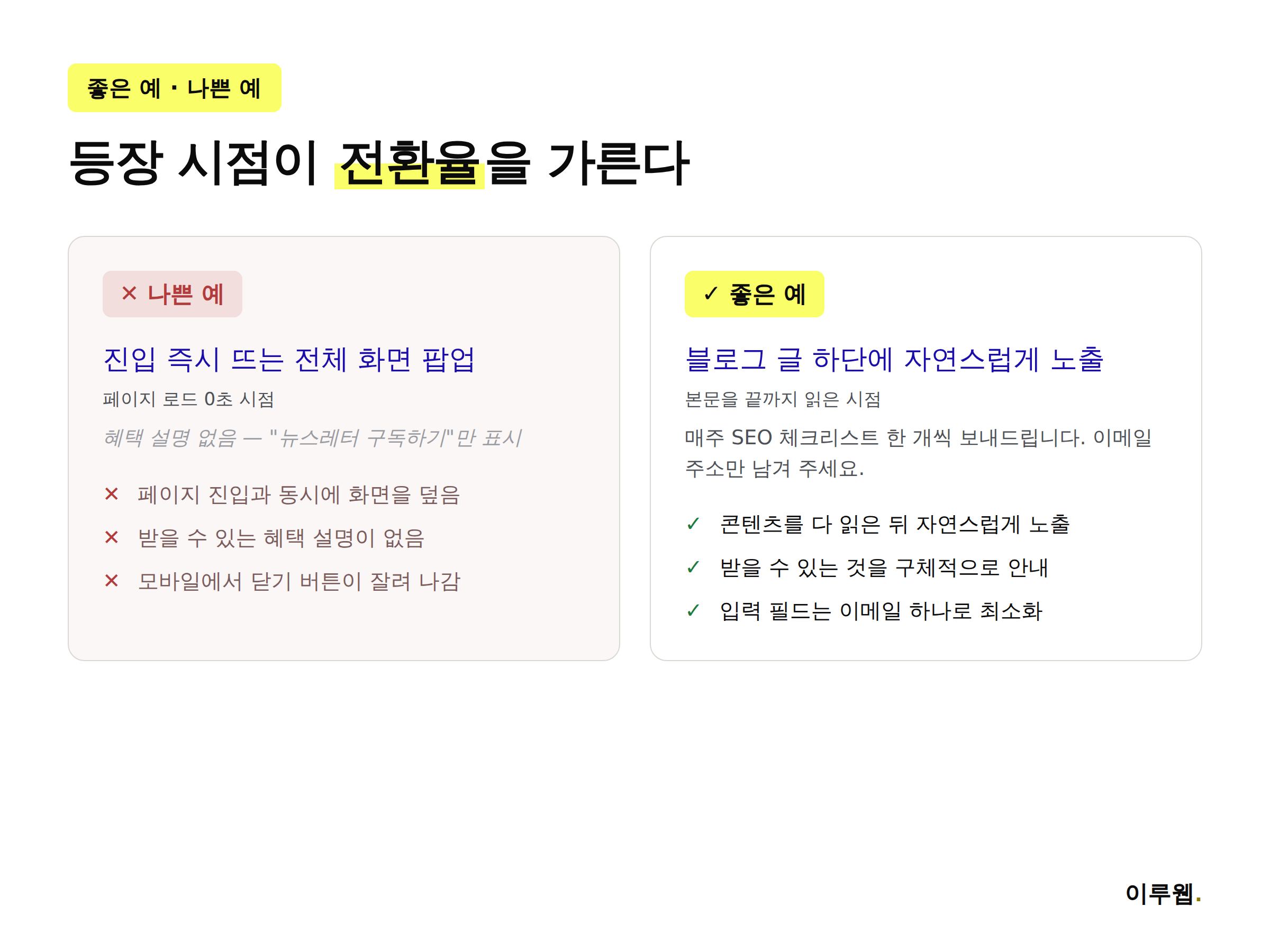 이메일 구독 폼을 잘못 배치한 나쁜 예와 제대로 배치한 좋은 예 비교