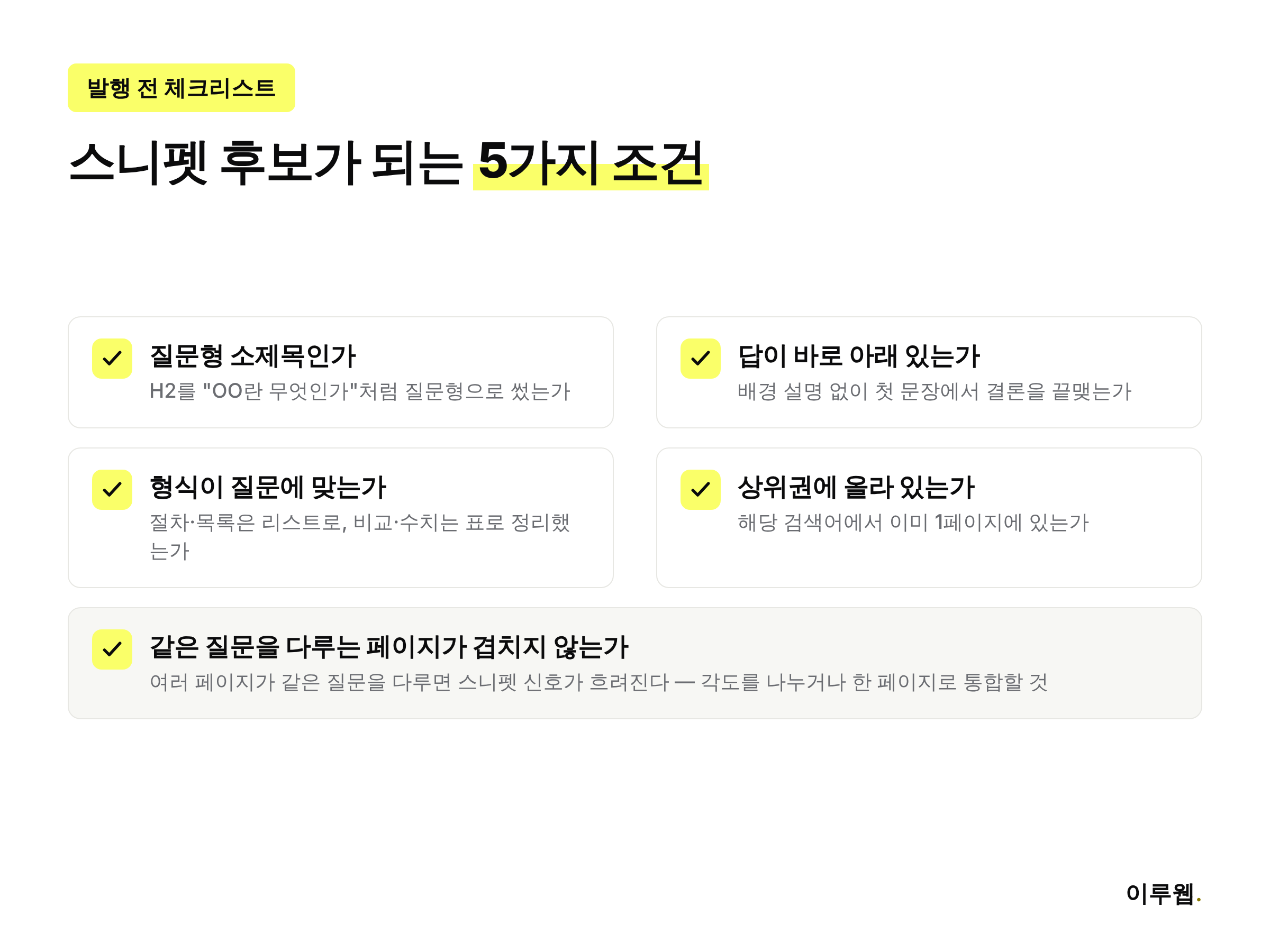 피처드 스니펫 최적화를 위한 발행 전 체크리스트 인포그래픽