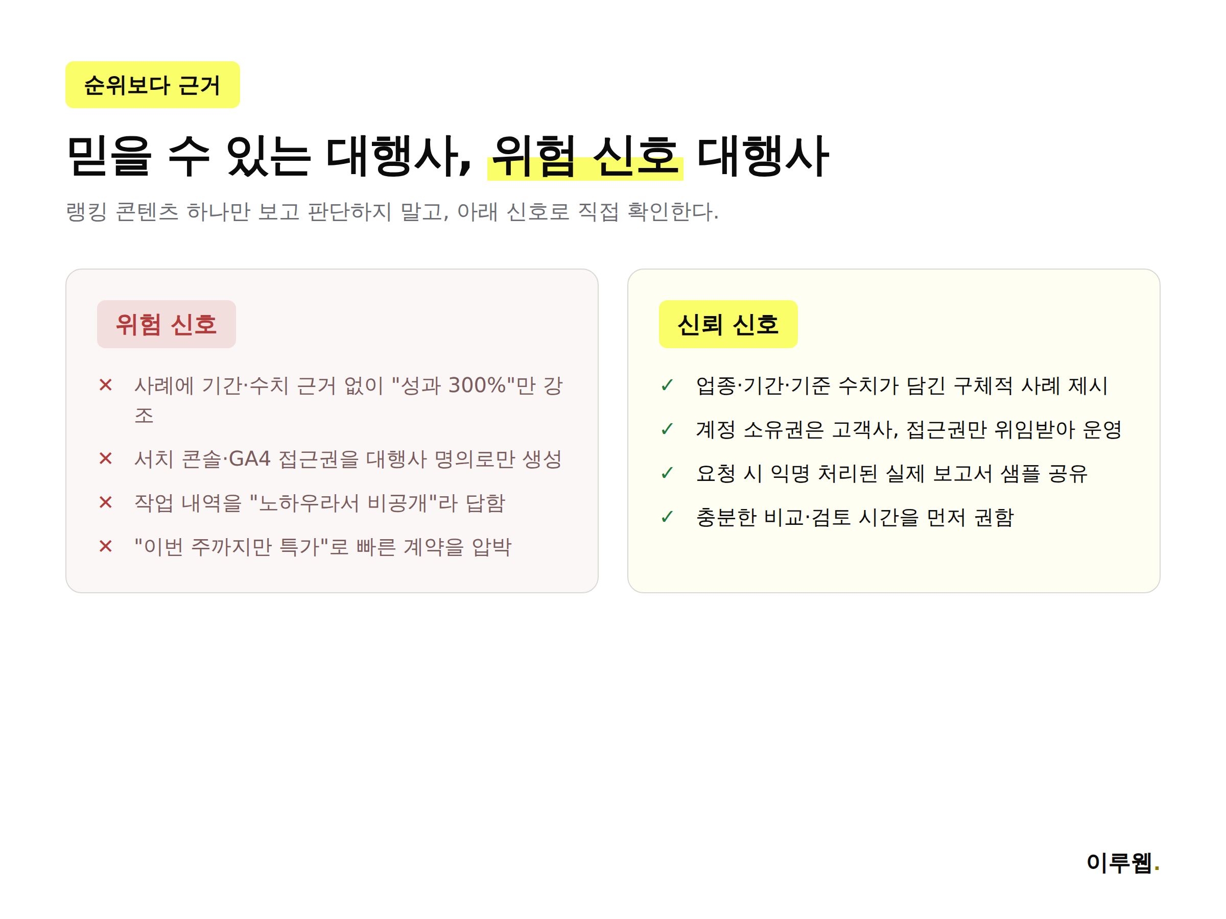믿을 수 있는 GEO SEO 대행사와 위험 신호 대행사 비교 인포그래픽
