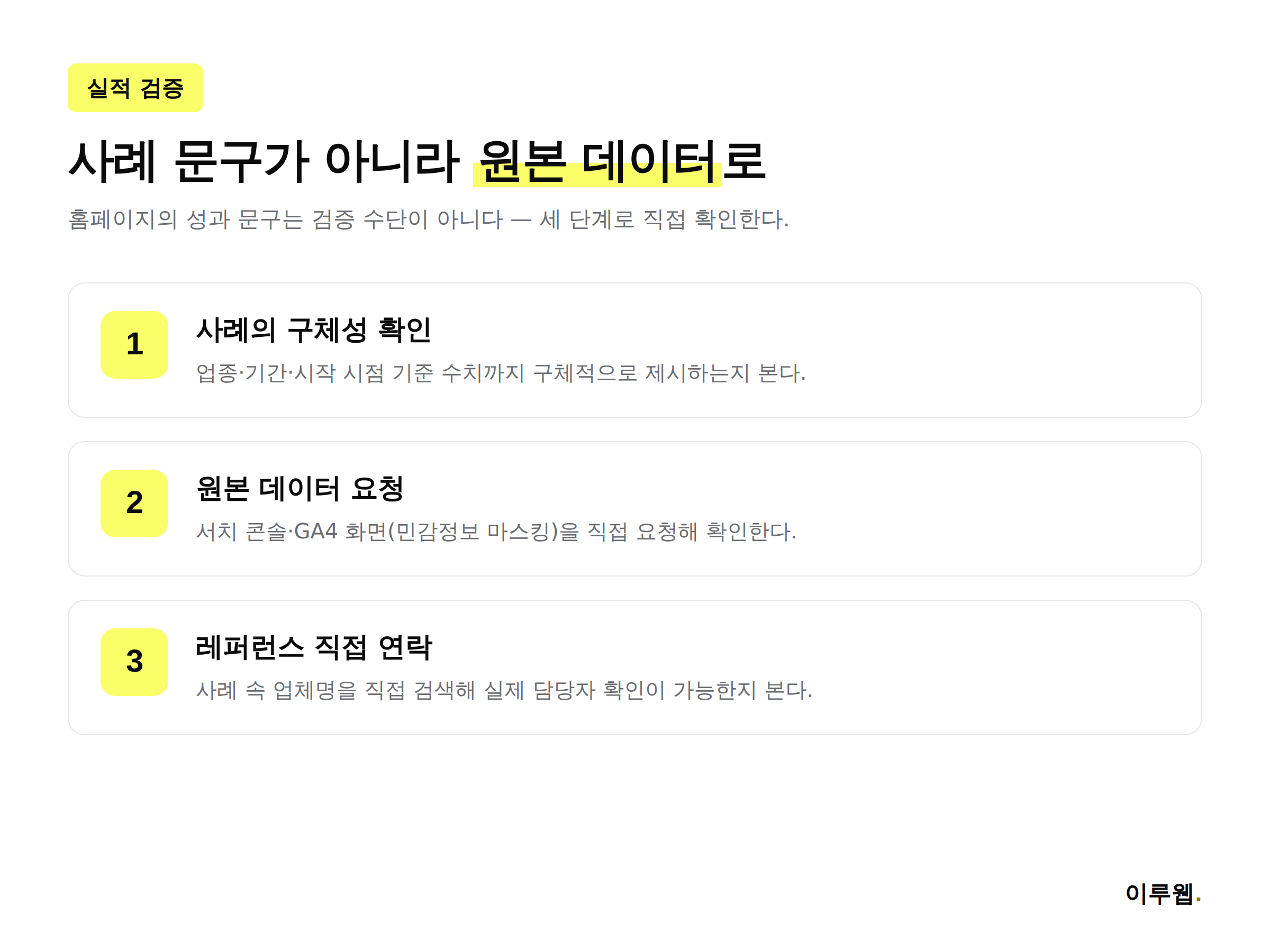 GEO SEO 대행사 실적 검증 3단계 절차 인포그래픽