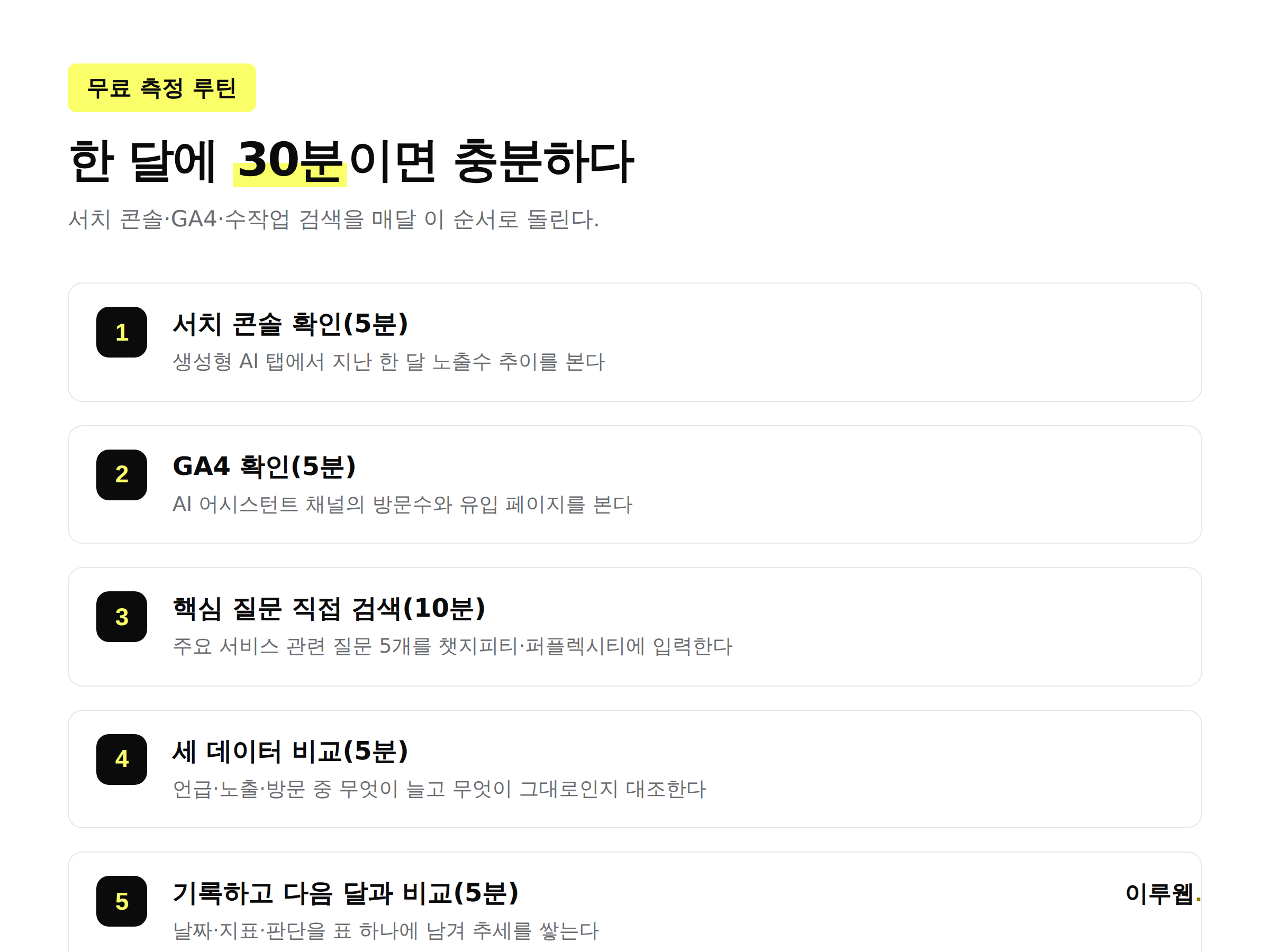 무료 GEO 측정 도구 세 가지를 함께 쓰는 월간 점검 5단계 루틴 인포그래픽