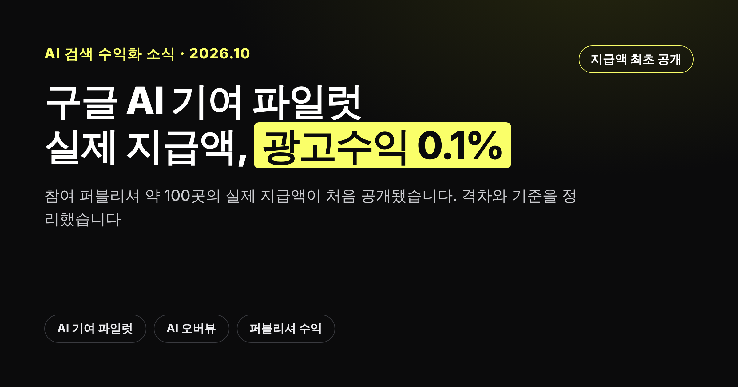 구글 AI 기여 파일럿 참여 퍼블리셔의 실제 지급액이 광고수익의 0.1% 수준으로 공개된 내용을 정리한 카드뉴스 커버