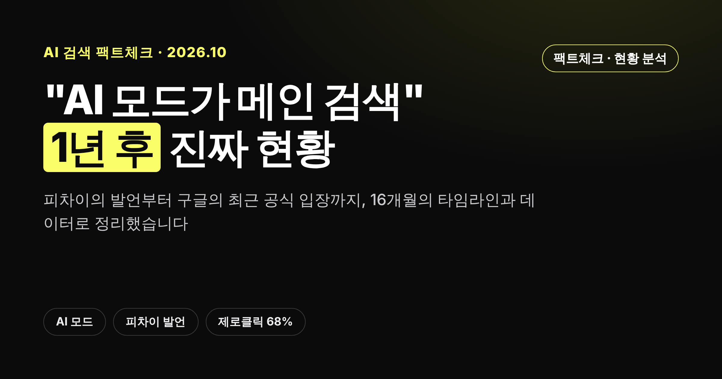 피차이의 AI 모드 메인 검색 통합 발언 1년 후 현황을 정리한 카드뉴스 커버
