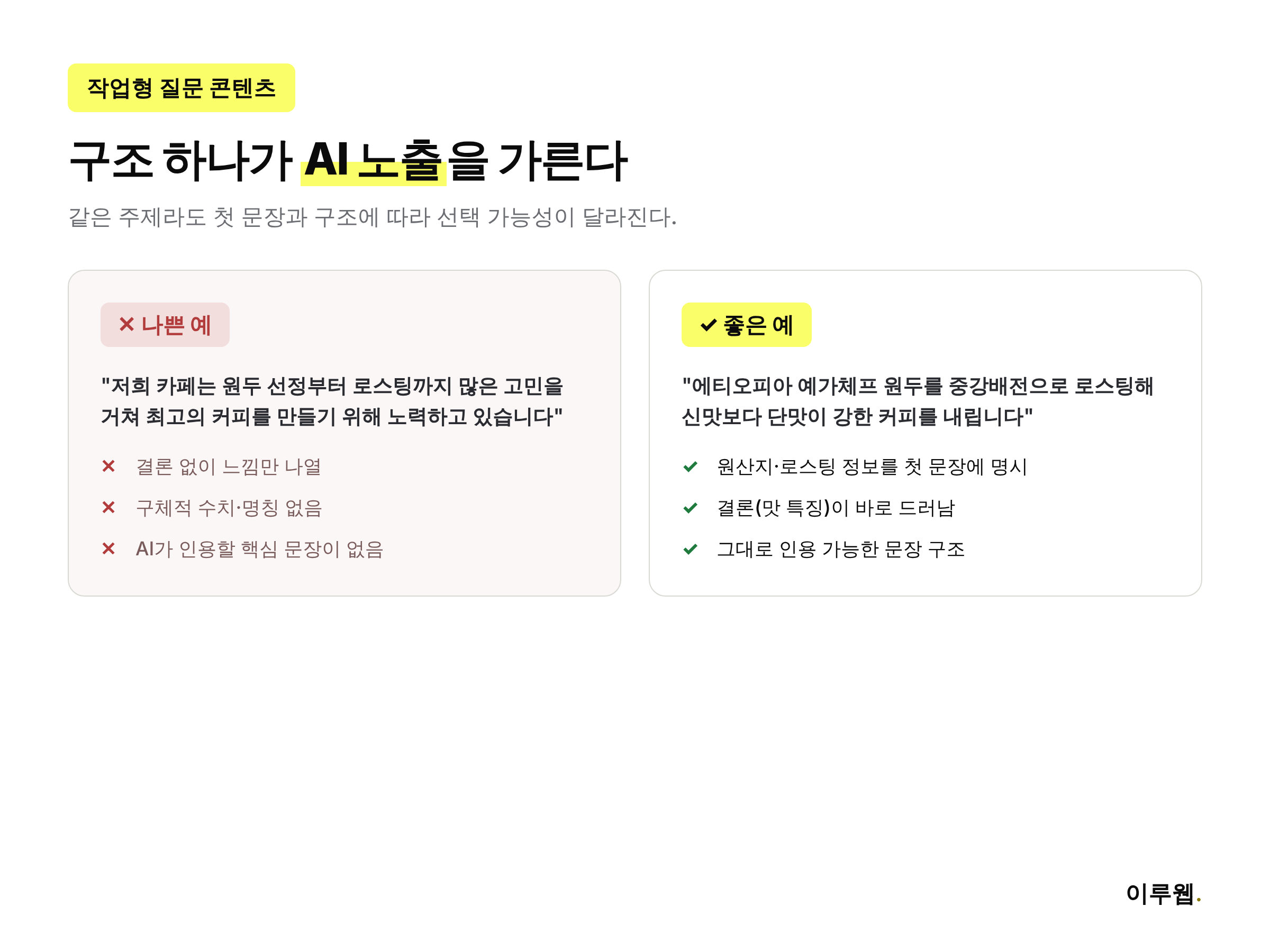 구글 AI 모드 상단 공식 출처 노출을 위한 나쁜 예와 좋은 예 비교 인포그래픽