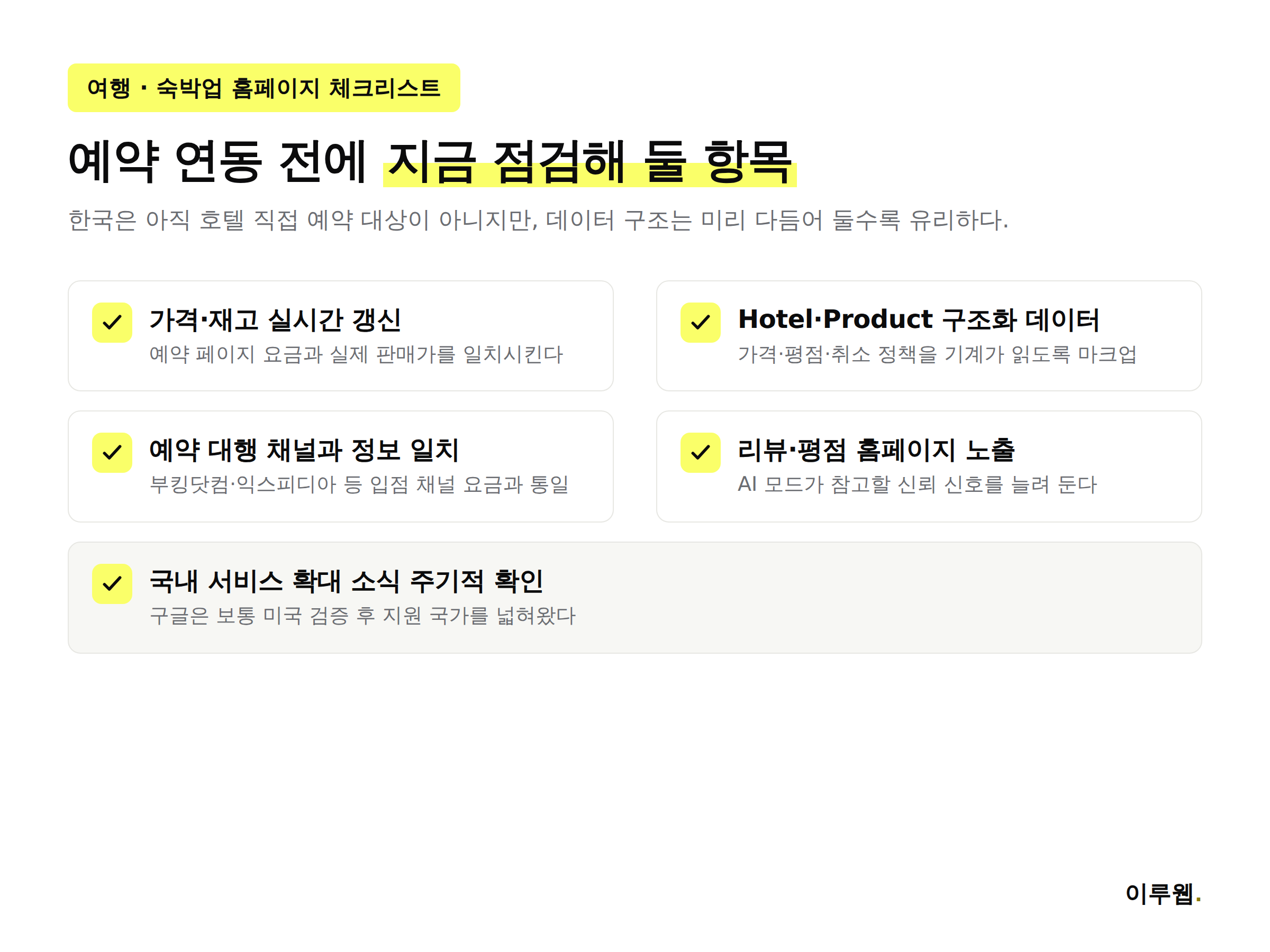 여행 숙박업 홈페이지가 구글 AI 모드 예약 확대에 대비해 점검할 항목을 정리한 인포그래픽