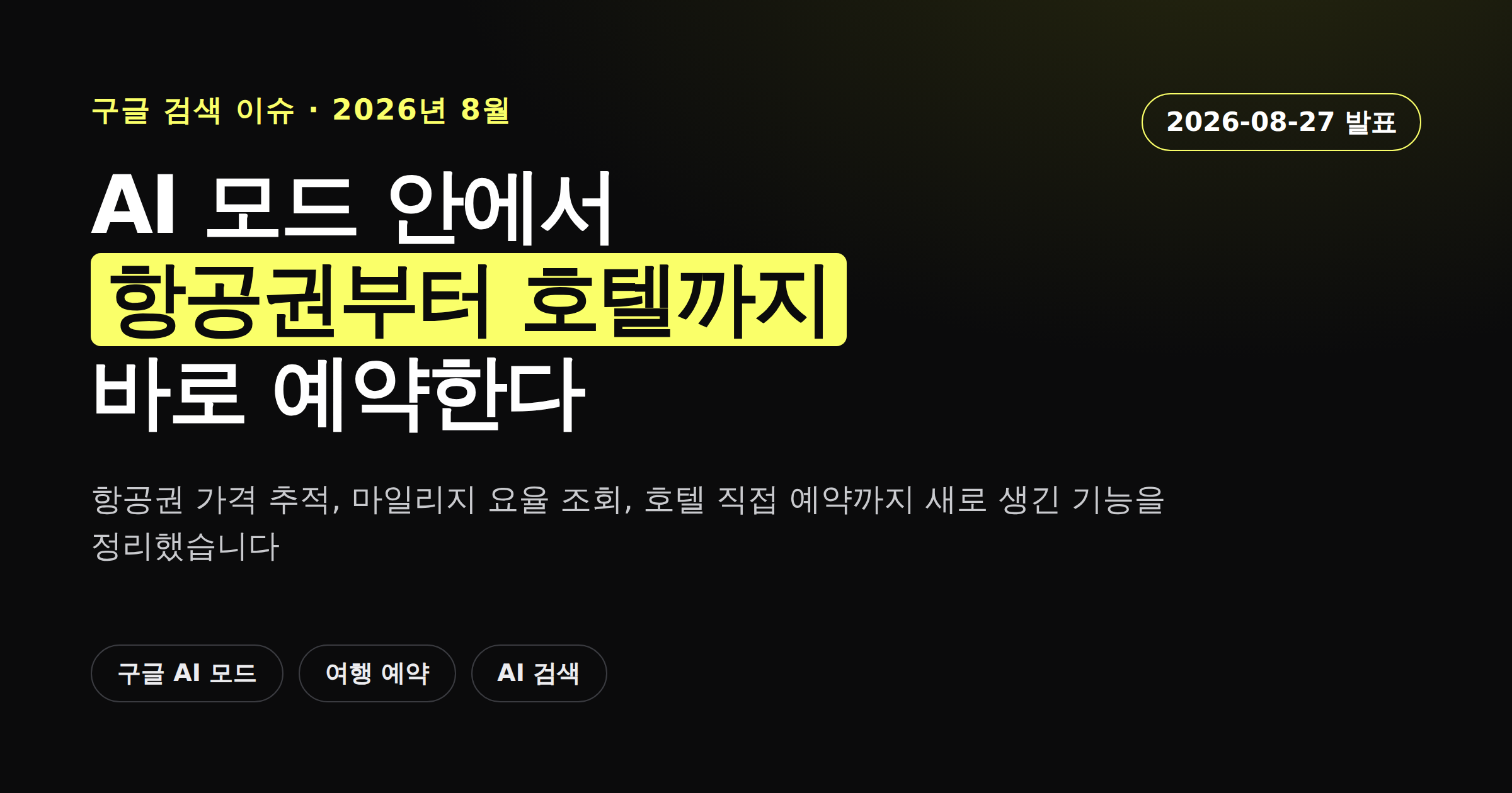 구글 AI 모드에 추가된 항공권 가격 추적과 호텔 예약 기능을 정리한 카드뉴스 이미지
