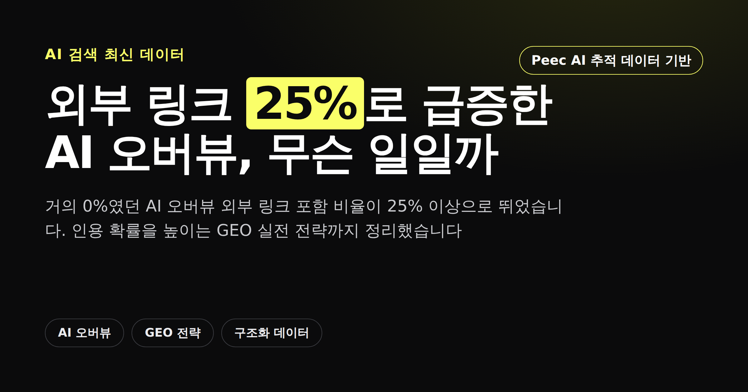 구글 AI 오버뷰 외부 링크 비율이 거의 0%에서 25% 이상으로 급증한 변화와 GEO 실전 전략을 정리한 카드뉴스형 커버 이미지