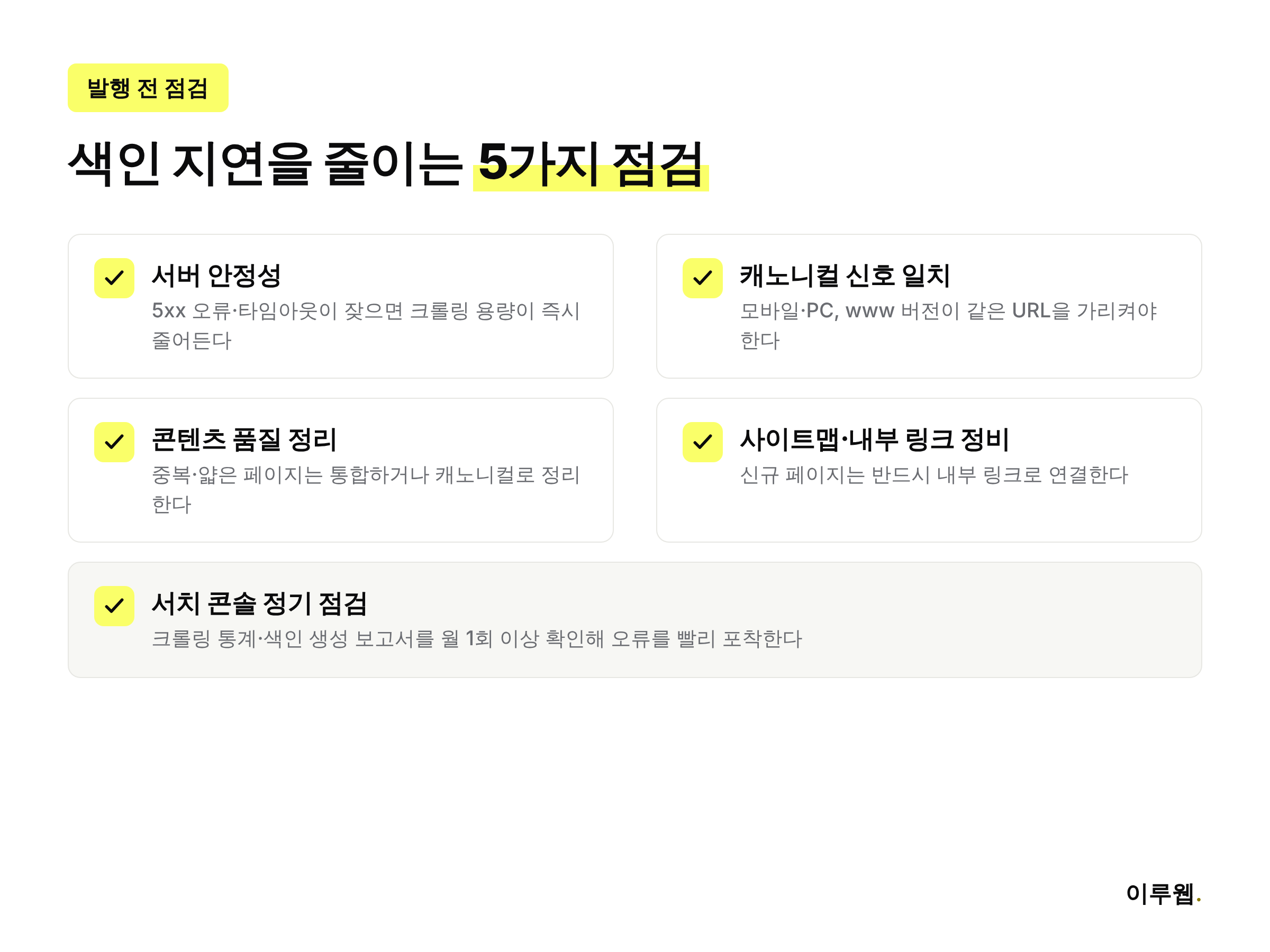 구글 색인 지연 점검 체크리스트 인포그래픽, 서버 안정성 캐노니컬 일치 콘텐츠 품질 내부 링크