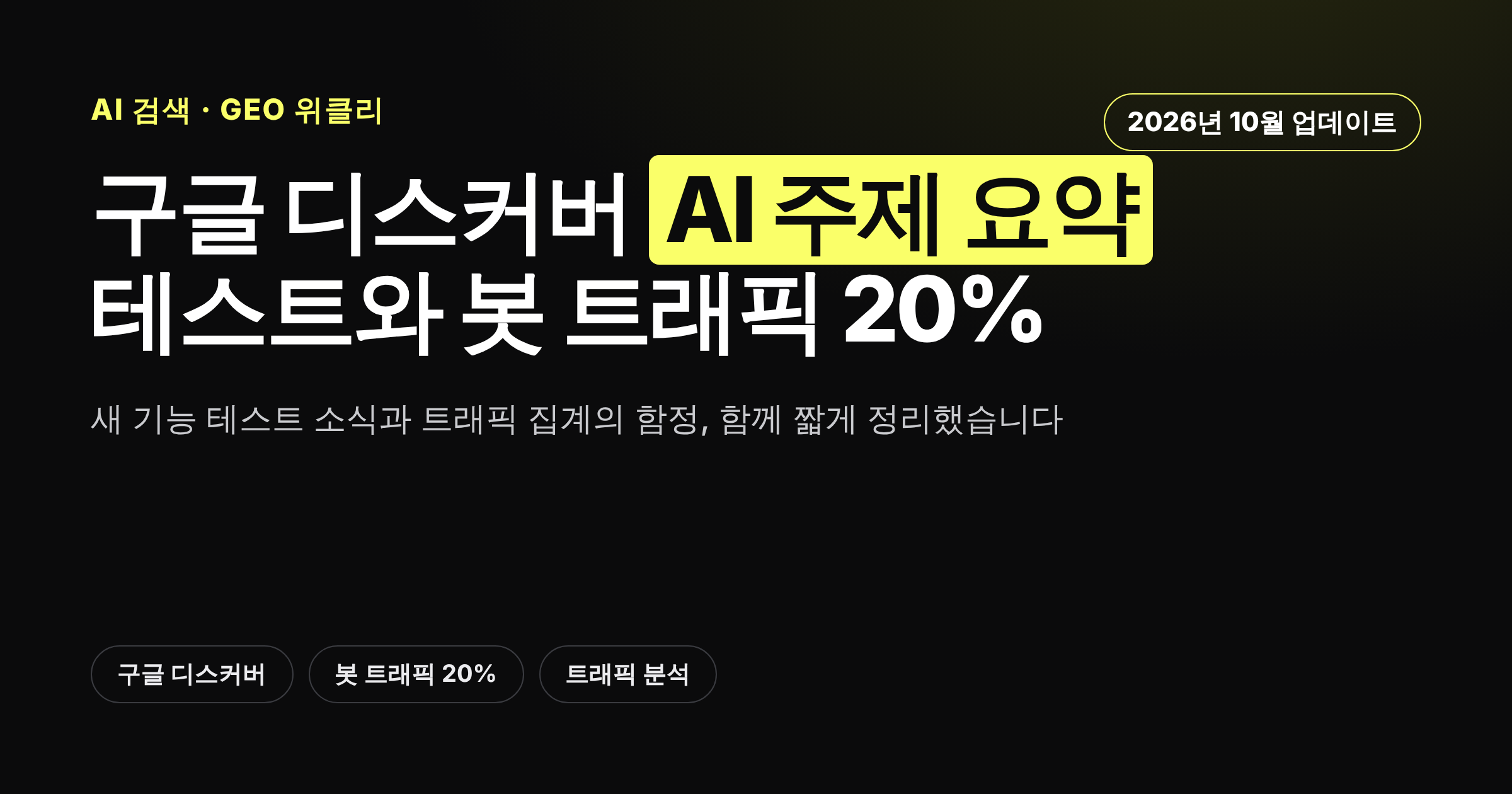 구글 디스커버 AI 주제 요약 테스트와 봇 트래픽 20% 이슈를 정리한 카드뉴스