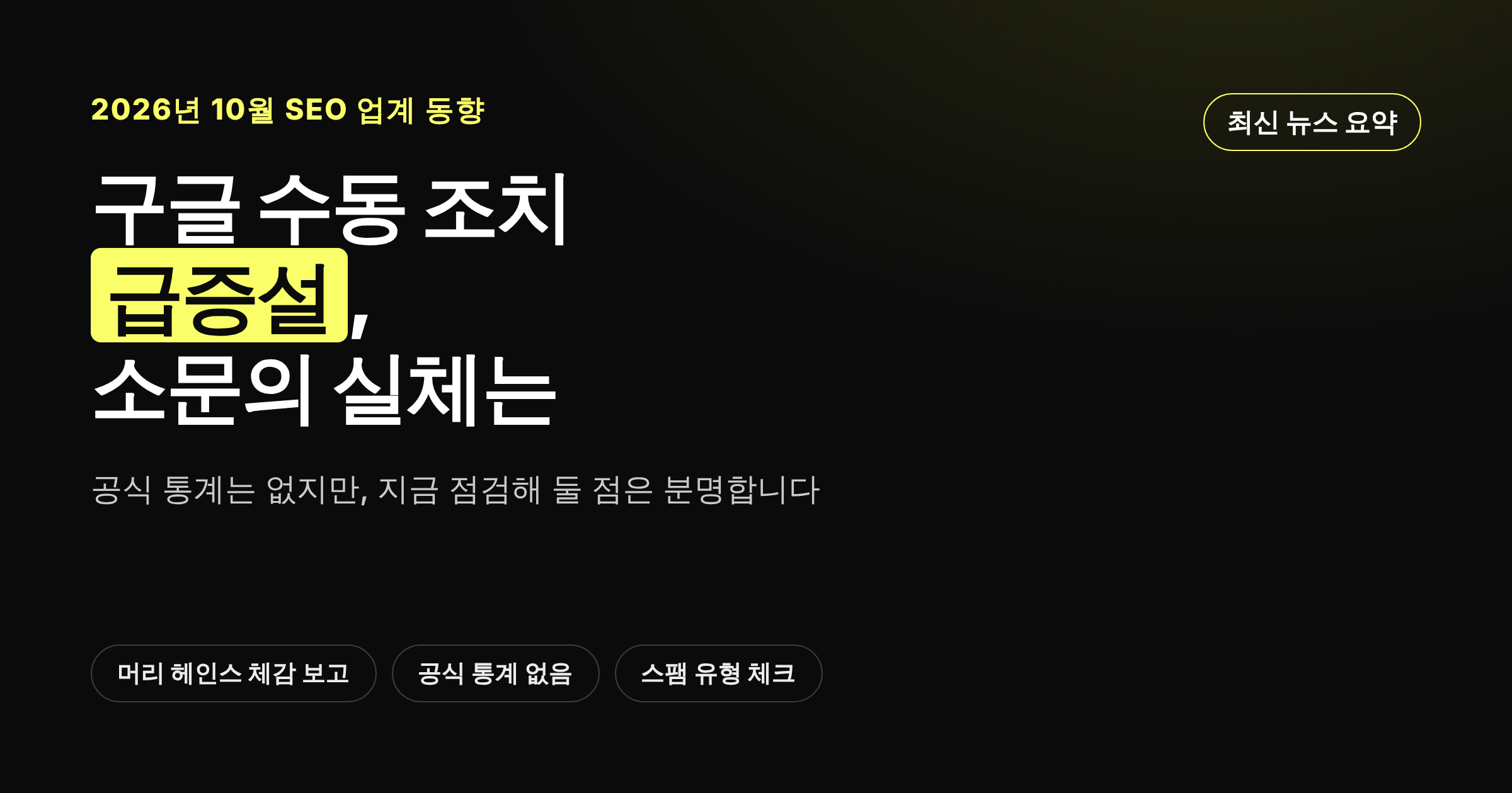 구글 수동 조치 급증설이 확인되지 않은 체감 보고 수준이라는 내용을 정리한 카드뉴스 커버