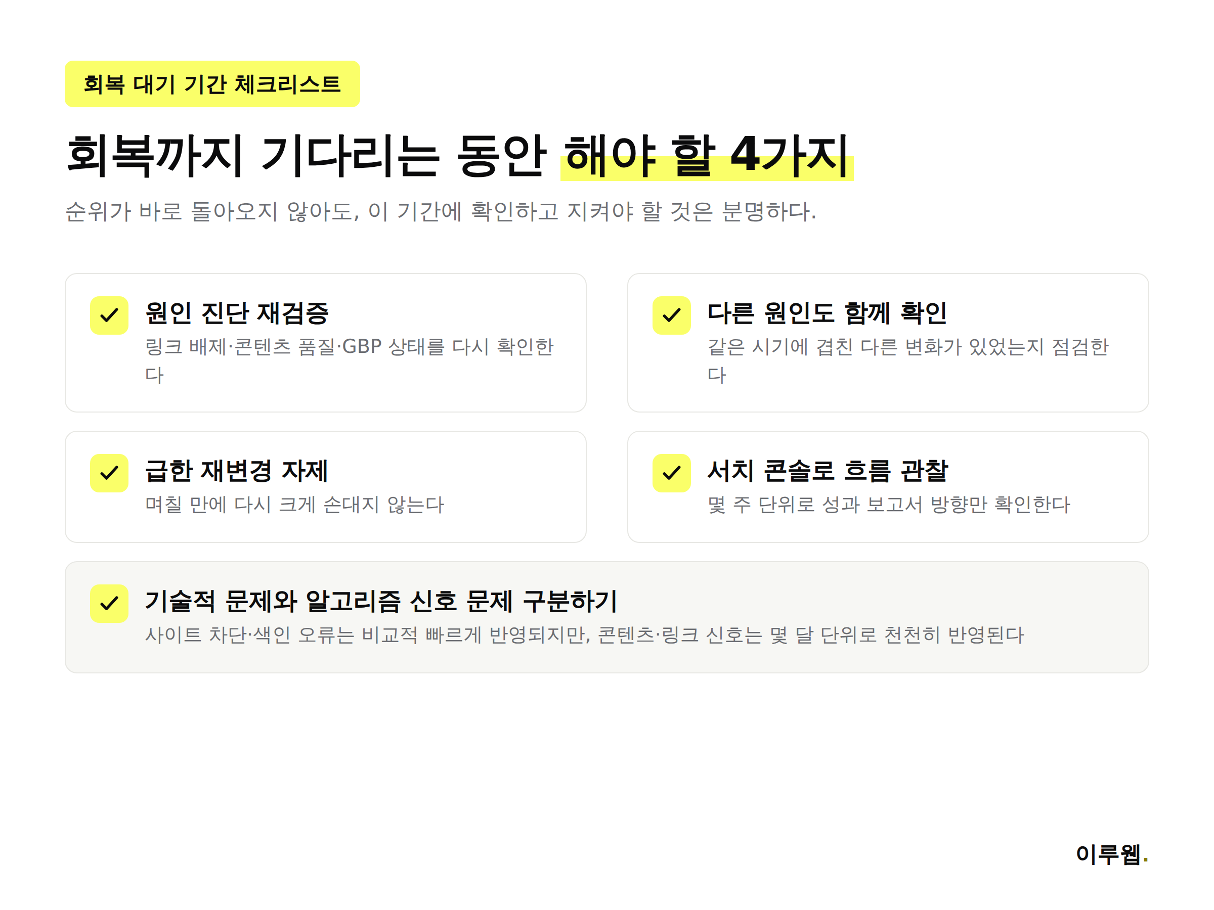 알고리즘 업데이트 회복 대기 기간 동안 해야 할 4가지 행동 체크리스트 인포그래픽