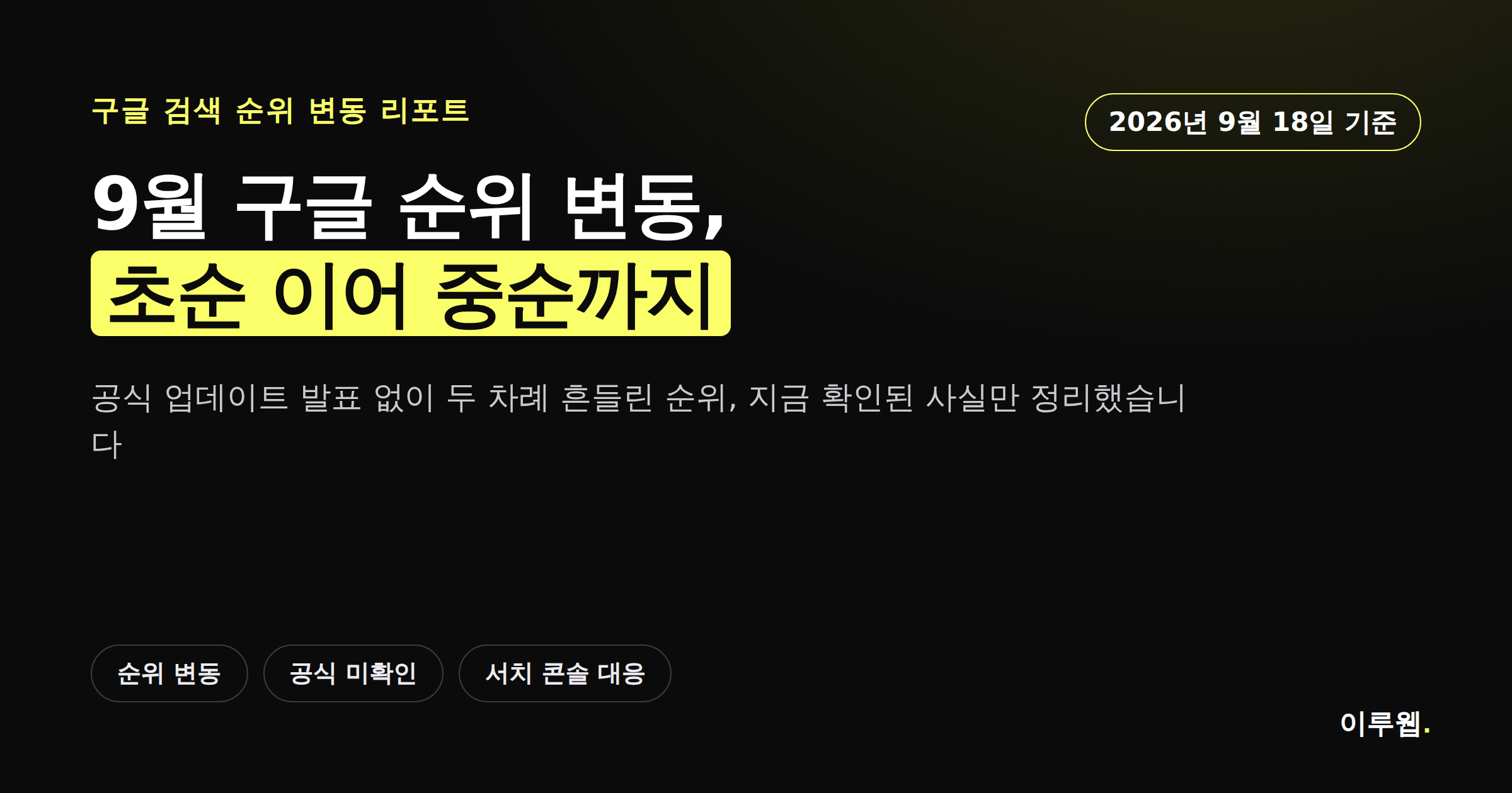 2026년 9월 구글 순위 변동이 초순에 이어 중순까지 계속되고 있다는 내용의 카드뉴스 커버
