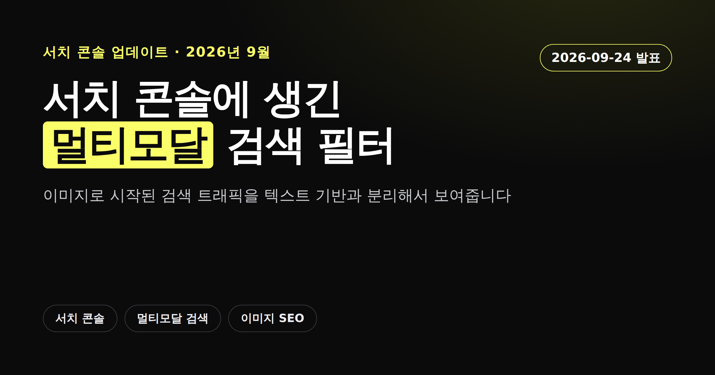 서치 콘솔 실적 보고서에 멀티모달 검색 유형 필터가 추가된 것을 안내하는 카드뉴스 이미지