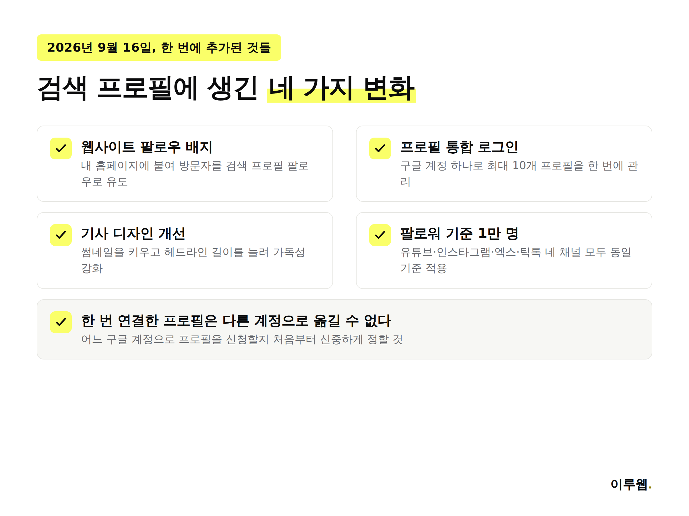 구글 검색 프로필에 추가된 배지, 통합 로그인, 디자인 개선, 팔로워 기준 완화를 정리한 인포그래픽