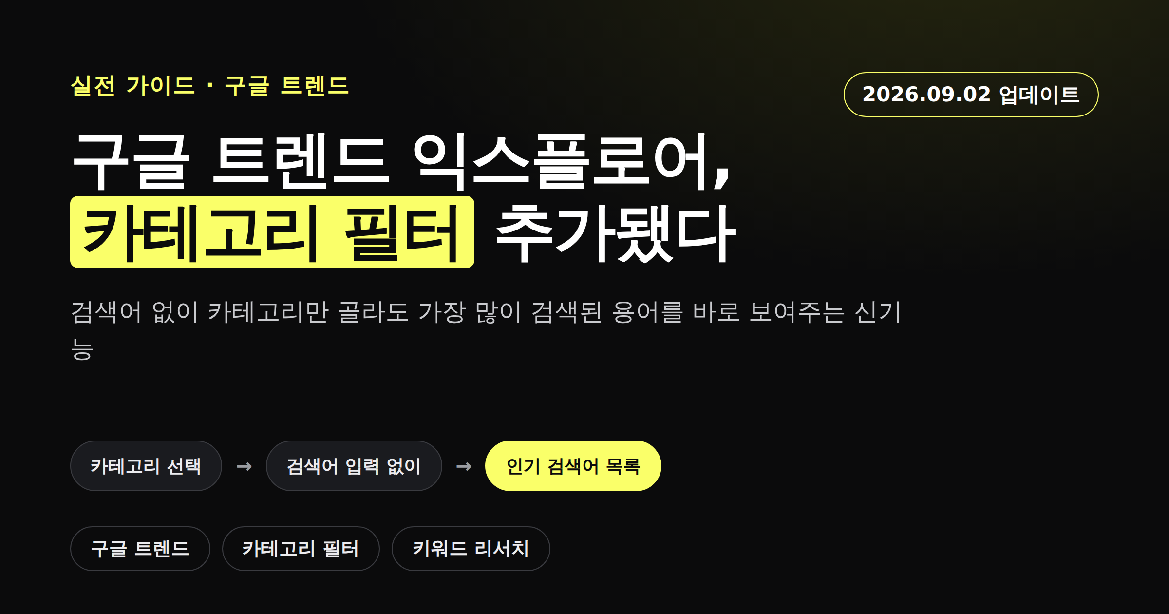 구글 트렌드 익스플로어 페이지에 카테고리 필터가 추가된 것을 보여주는 카드뉴스 커버