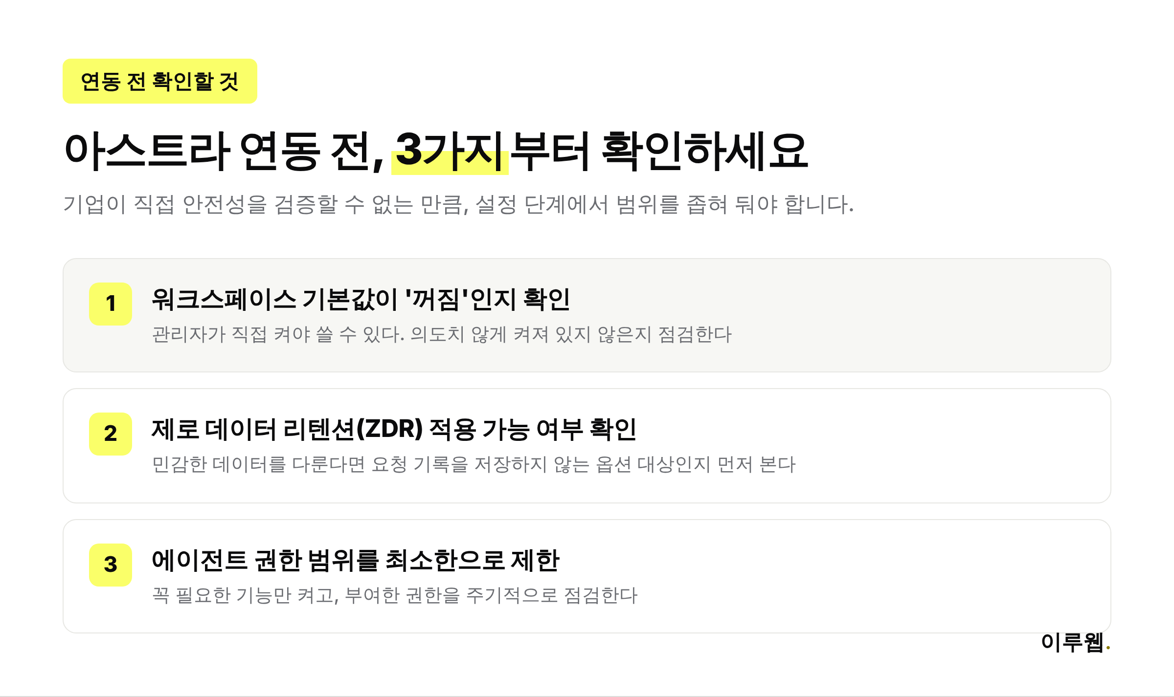GPT-6 아스트라 연동 전 확인할 3가지 체크리스트: 워크스페이스 기본값 꺼짐 확인, 제로 데이터 리텐션 적용 여부 확인, 에이전트 권한 범위 최소화