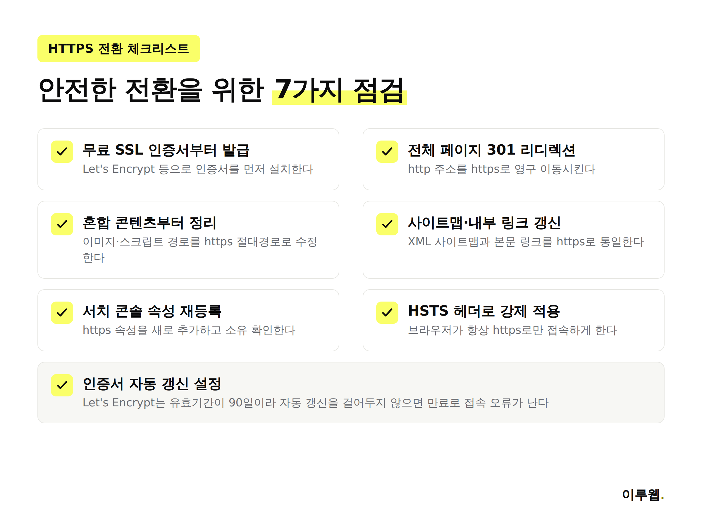 HTTPS 전환 시 점검해야 할 7가지 항목을 정리한 체크리스트 인포그래픽