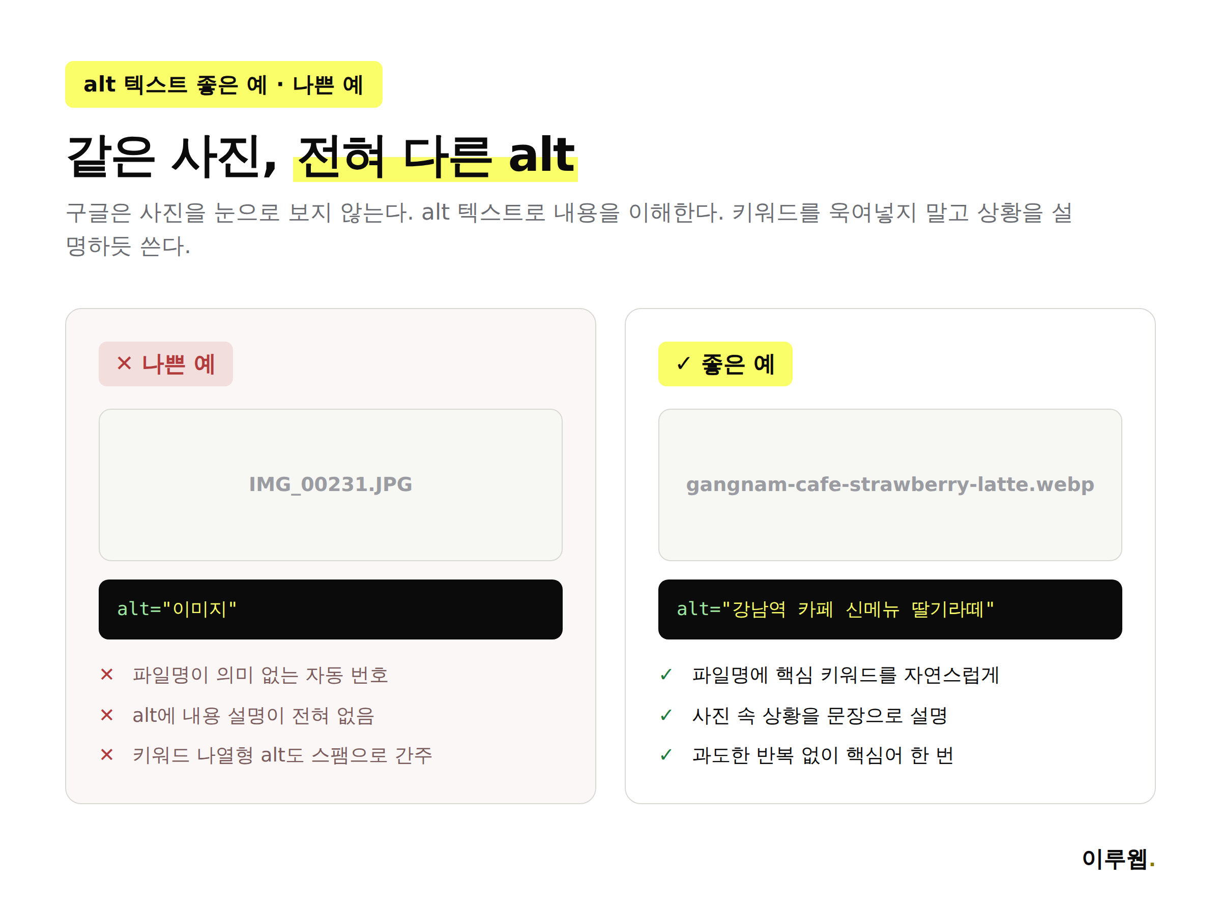 alt 텍스트 나쁜 예와 좋은 예 비교 — 나쁜 예는 alt가 이미지 한 단어, 좋은 예는 강남역 카페 신메뉴 딸기라떼처럼 구체적 문장