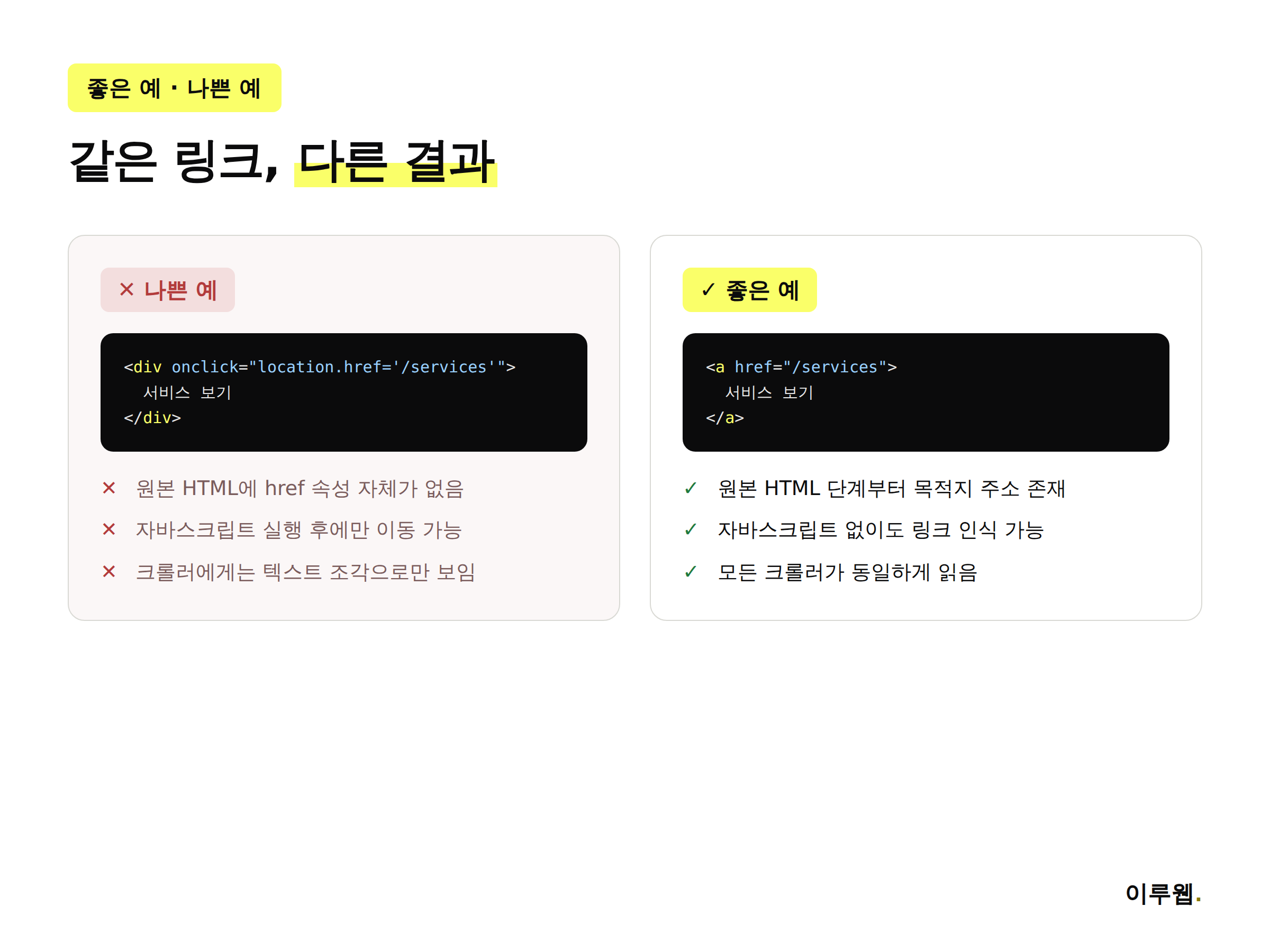 자바스크립트로만 만들어진 링크와 순수 HTML 링크를 비교한 나쁜 예 좋은 예 인포그래픽