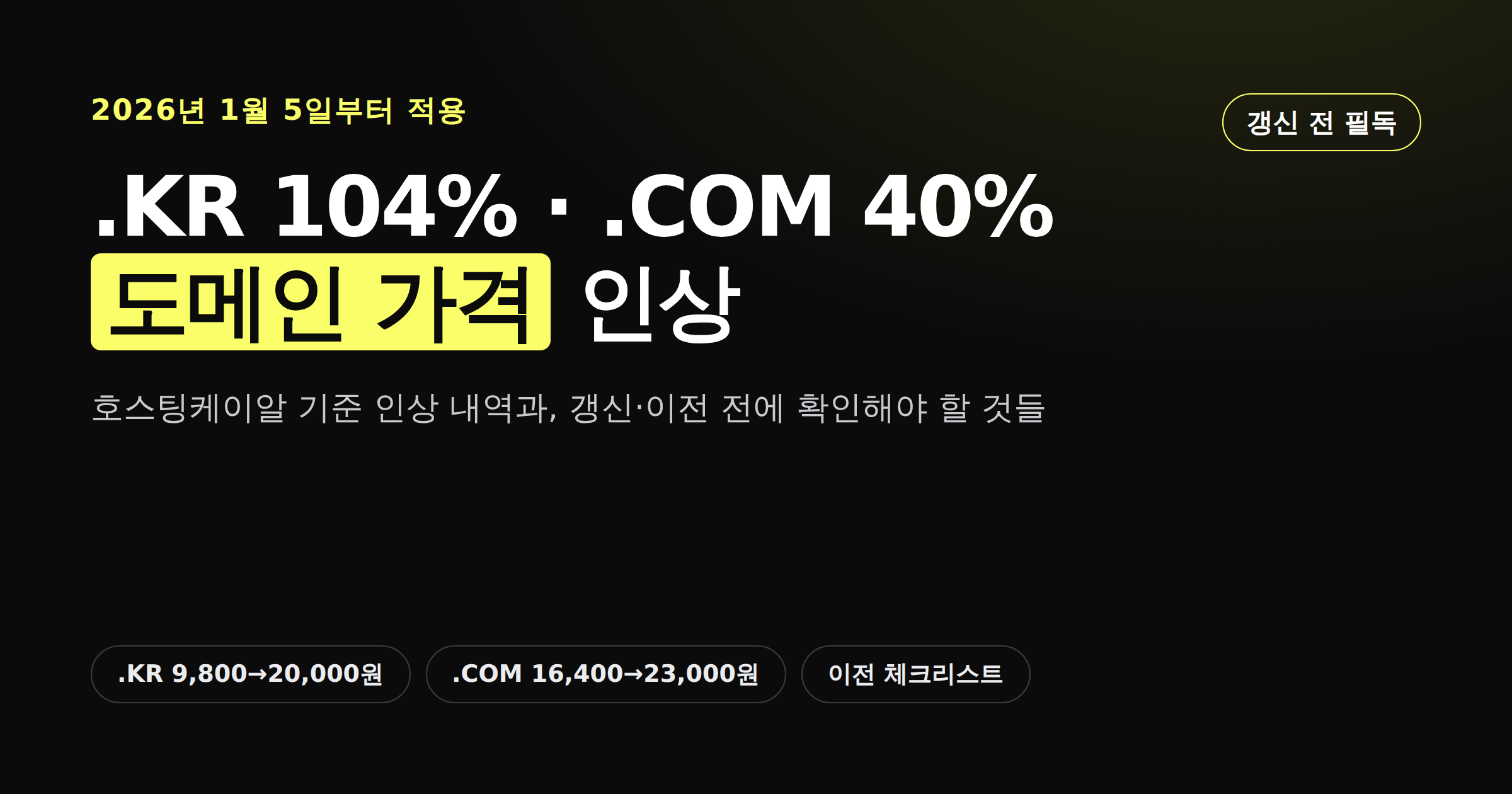 .KR 도메인 104퍼센트, COM 도메인 40퍼센트 가격 인상을 알리는 카드뉴스 이미지