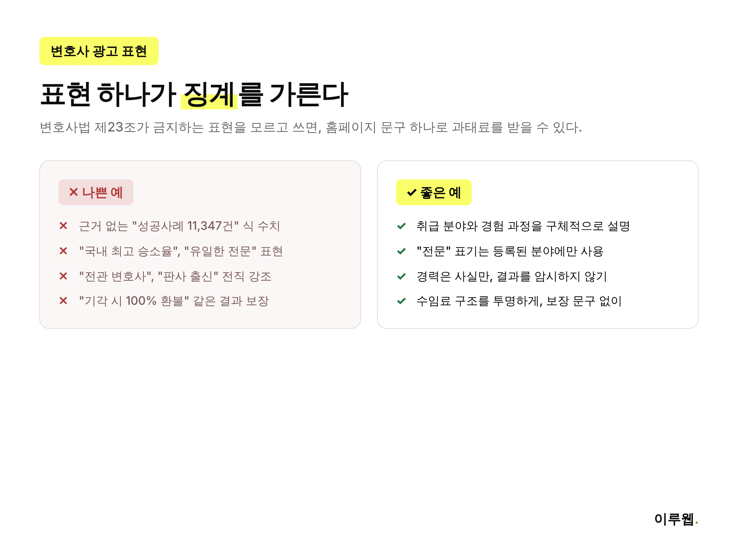 변호사 광고에서 나쁜 예와 좋은 예를 비교한 인포그래픽