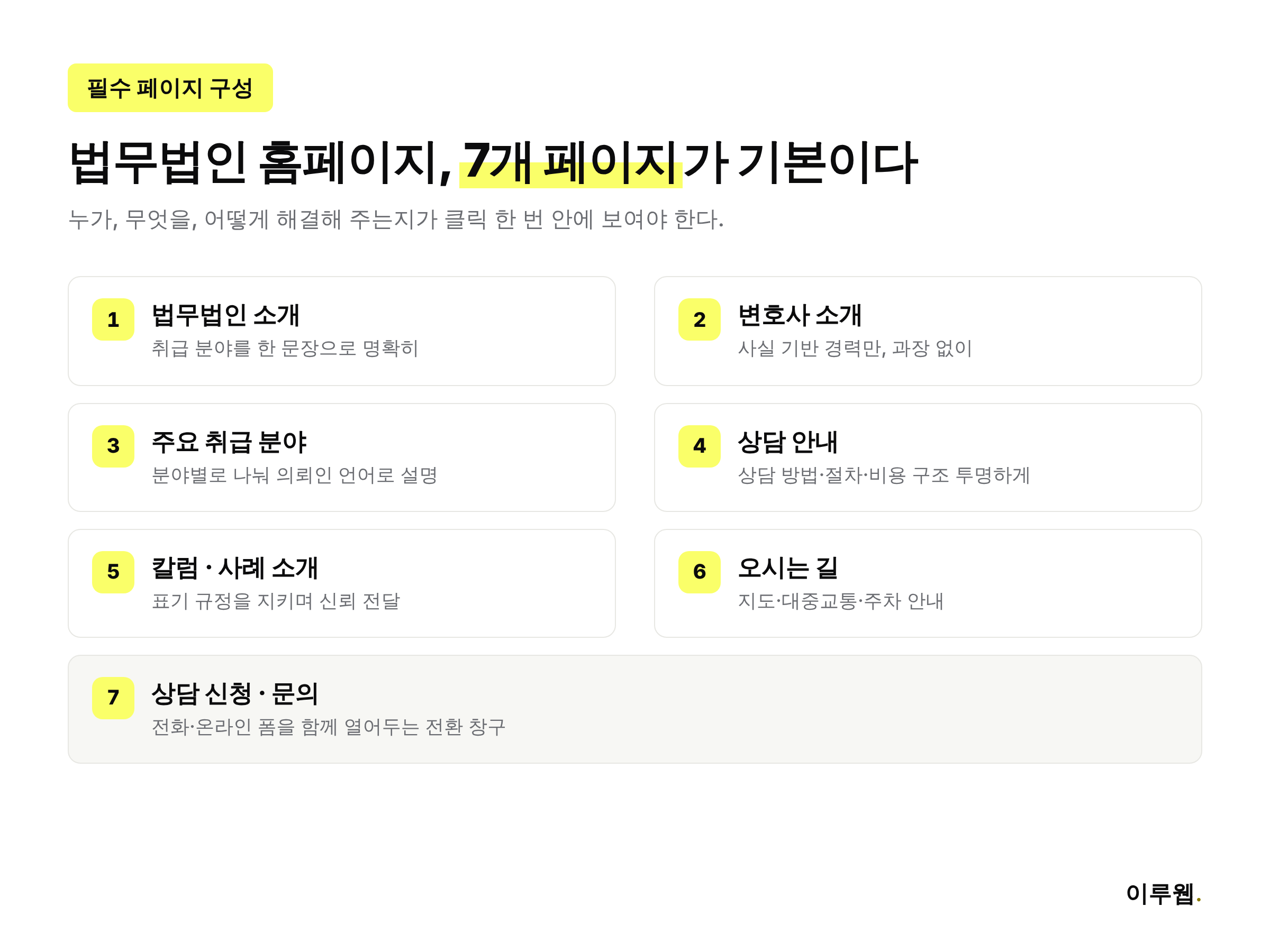 법무법인 홈페이지 필수 페이지 구성 7가지를 정리한 체크리스트 이미지