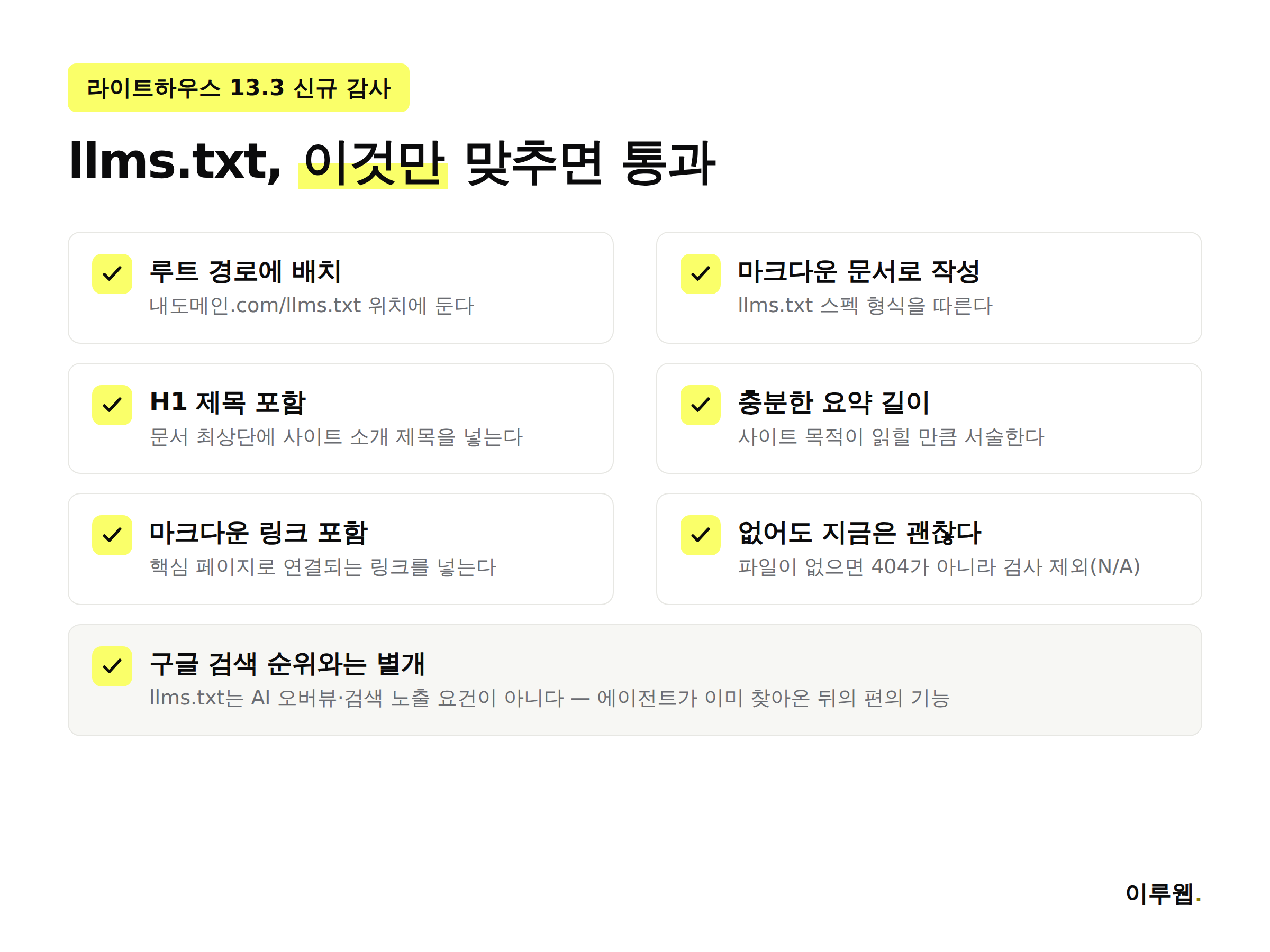 llms.txt 통과 체크리스트 인포그래픽