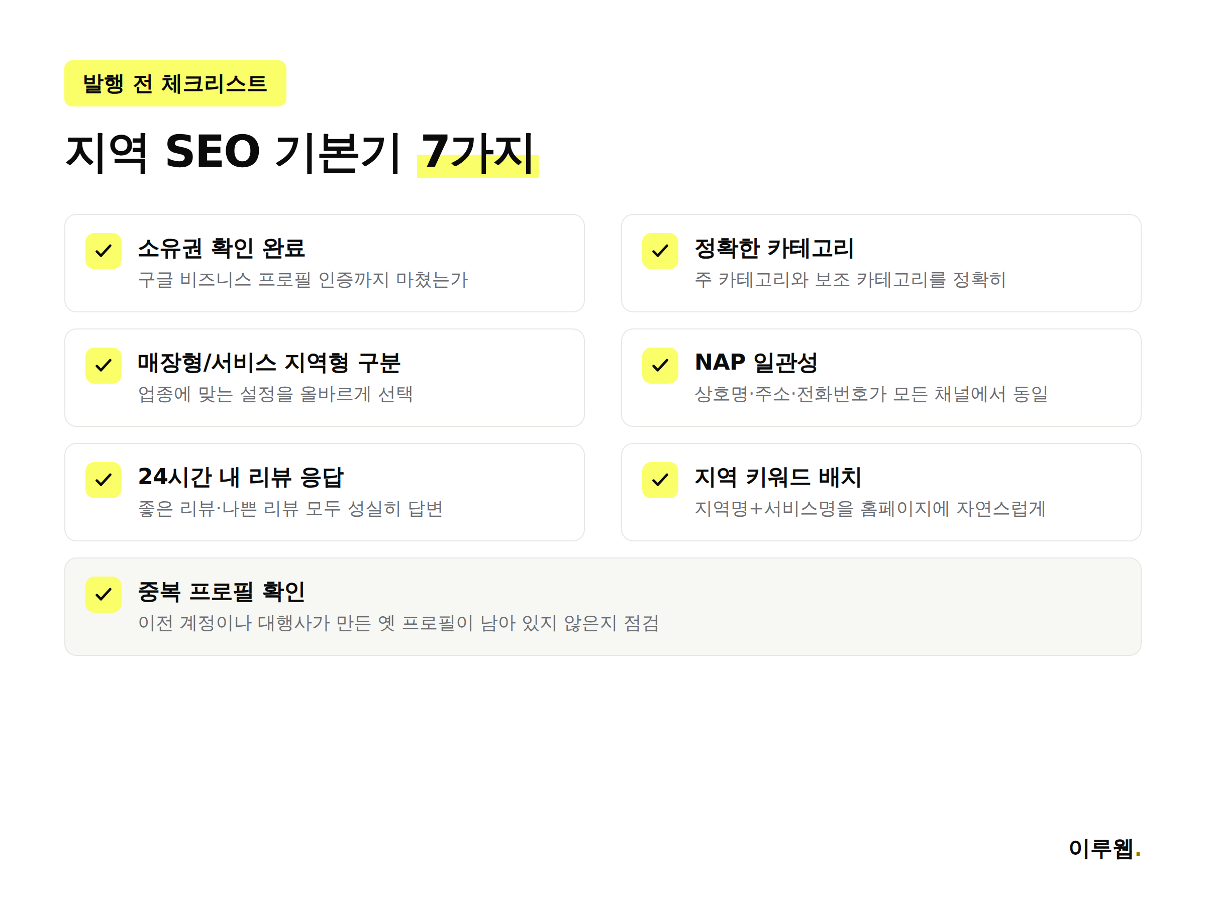 지역 SEO 최적화 체크리스트 7가지 인포그래픽