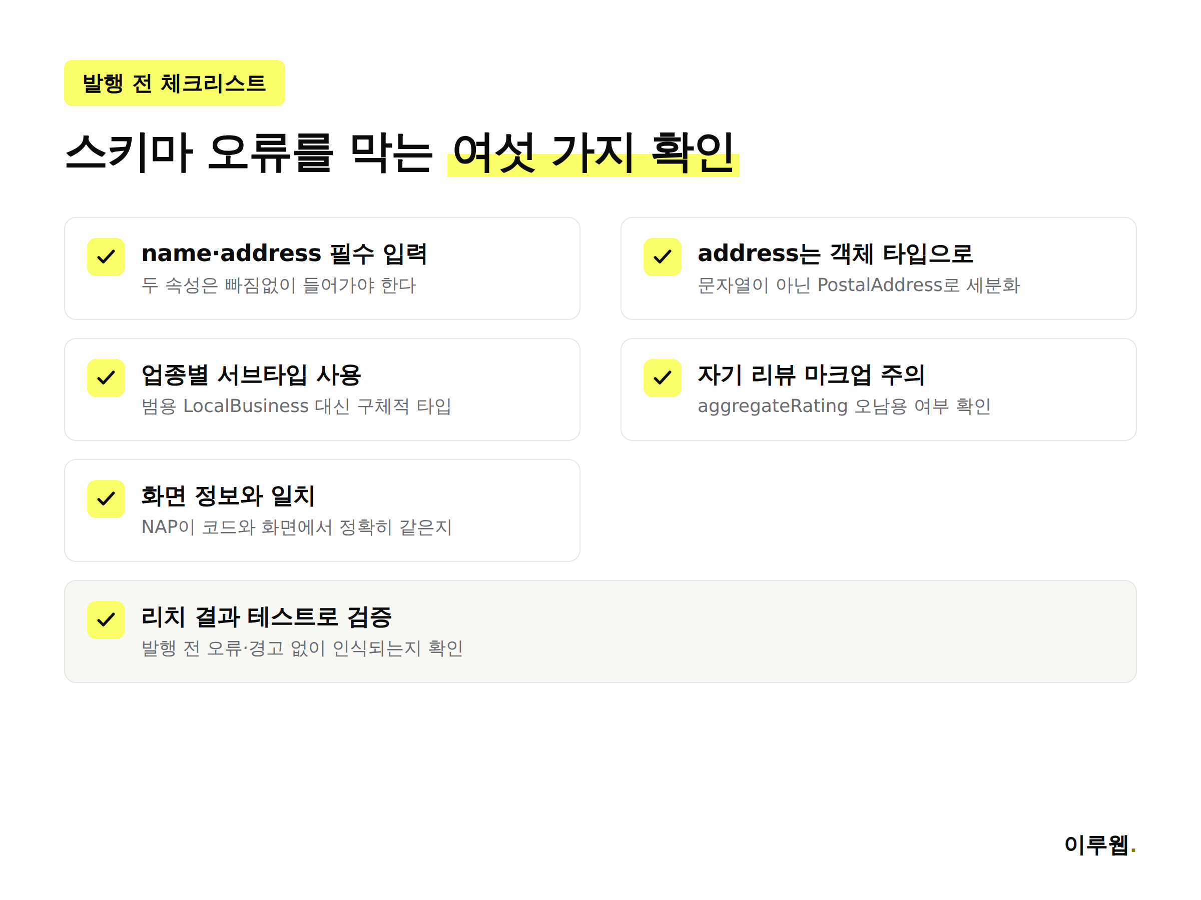 LocalBusiness 스키마 발행 전 검증 체크리스트 인포그래픽