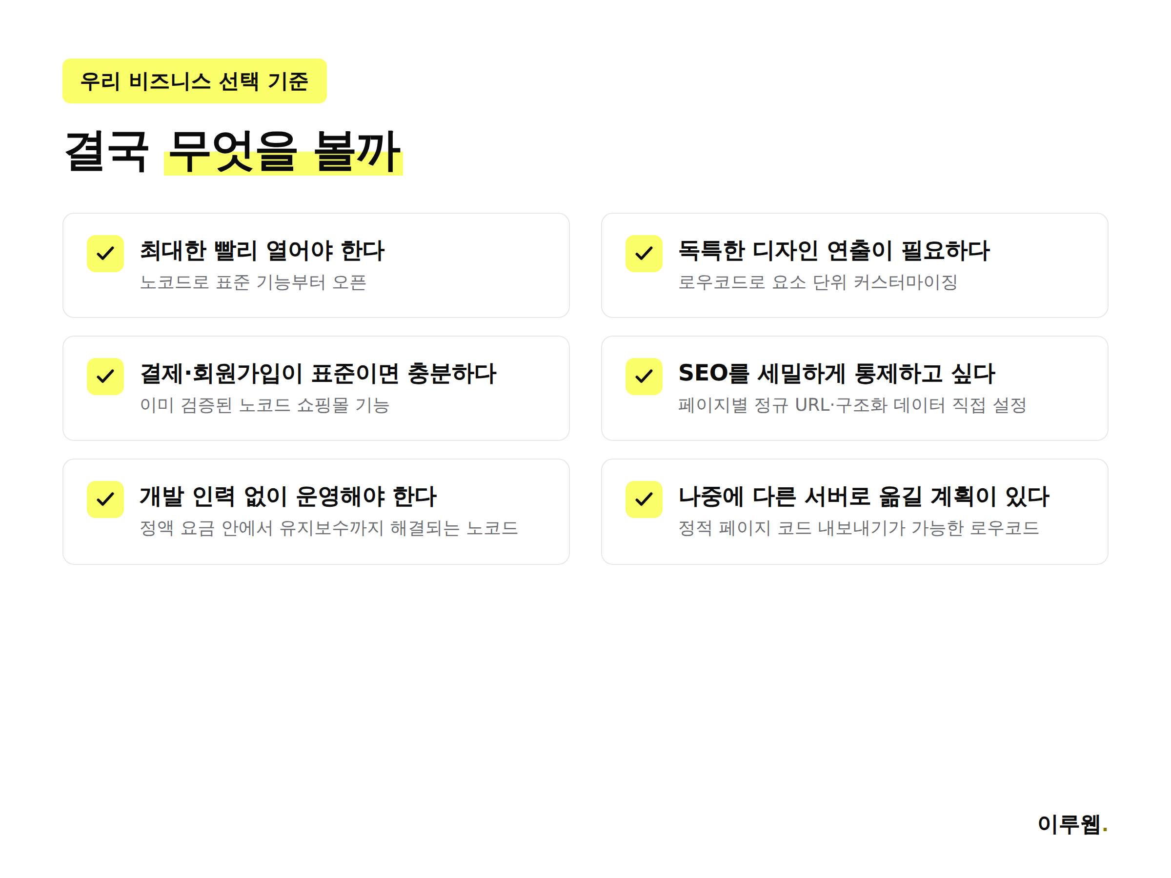 로우코드와 노코드 중 우리 비즈니스에 맞는 선택을 고르는 체크리스트 인포그래픽