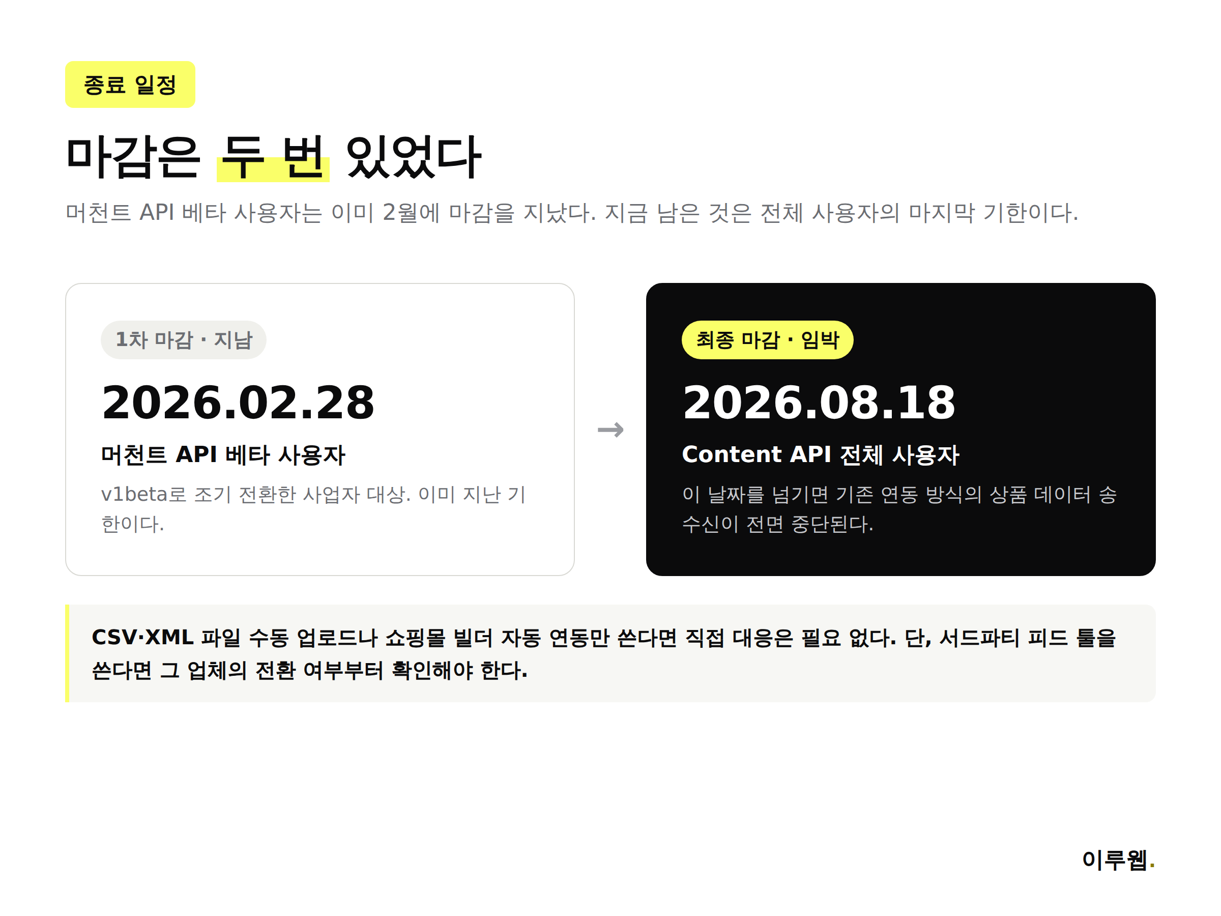 구글 머천트 API 베타 마감 2월 28일과 Content API 최종 종료 8월 18일을 비교한 타임라인 인포그래픽