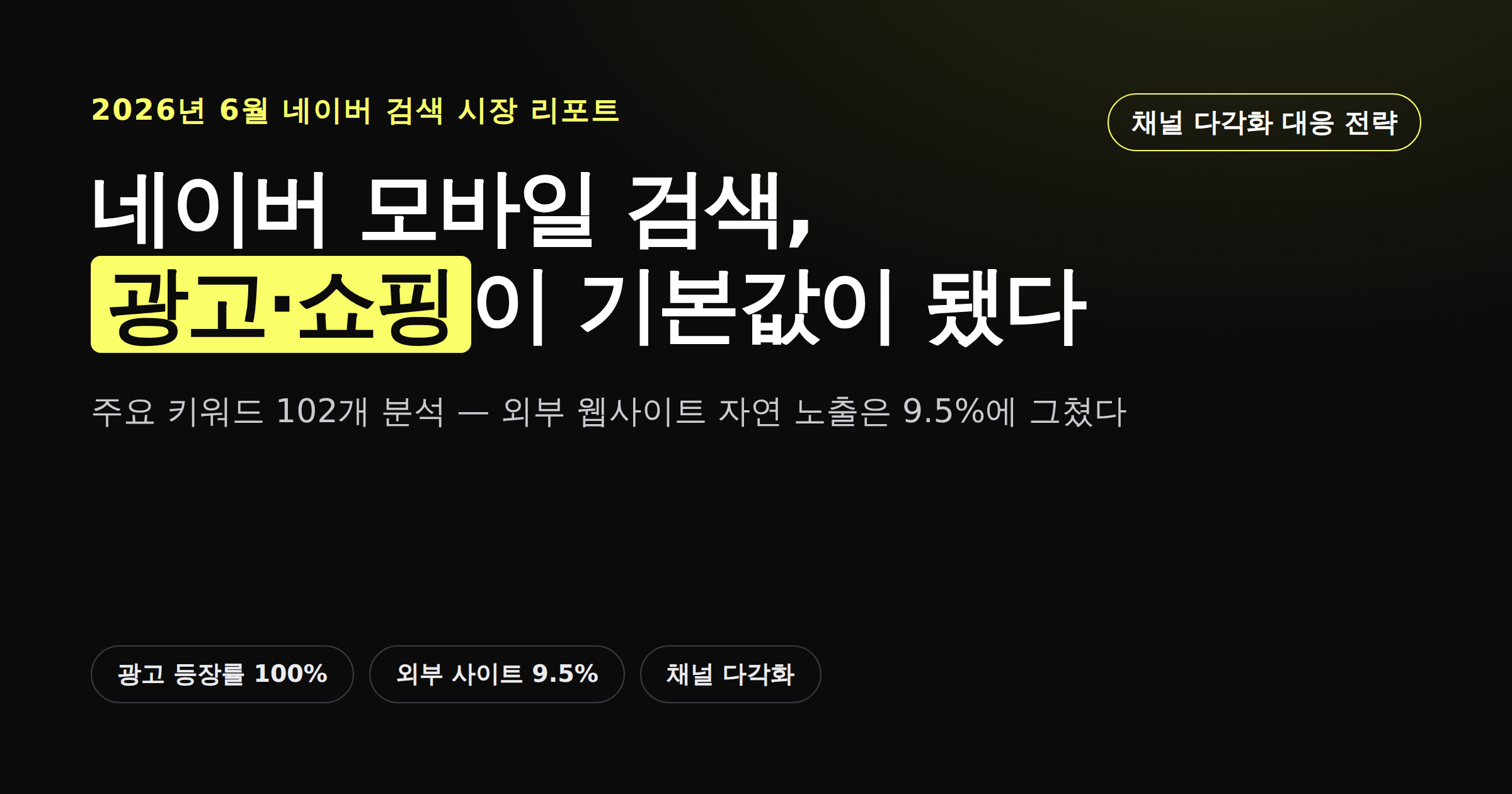 네이버 모바일 검색에서 광고·쇼핑 영역이 기본값으로 고착화된 현상을 정리한 카드뉴스 이미지