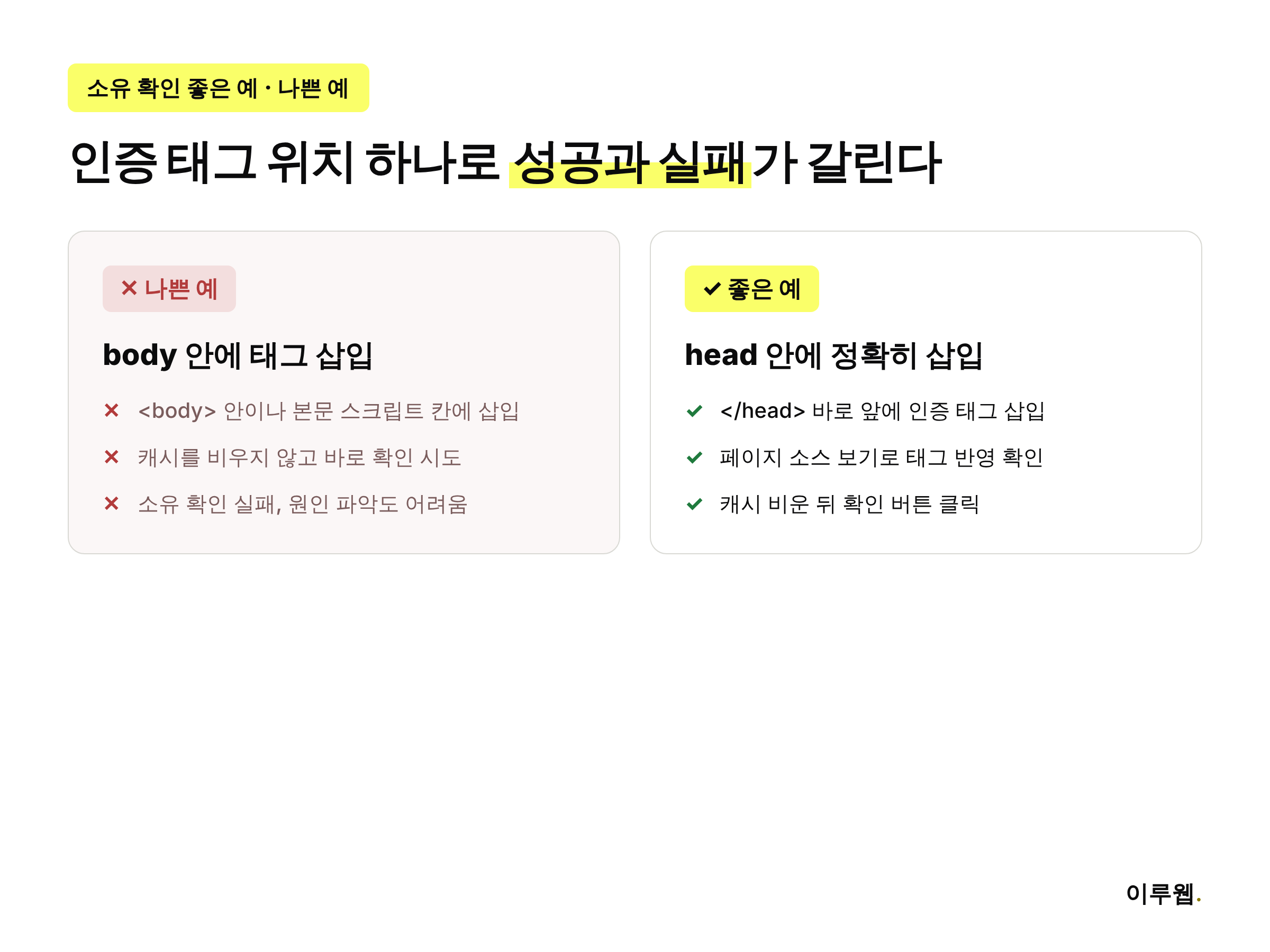네이버 서치어드바이저 소유 확인 좋은 예와 나쁜 예 비교 인포그래픽