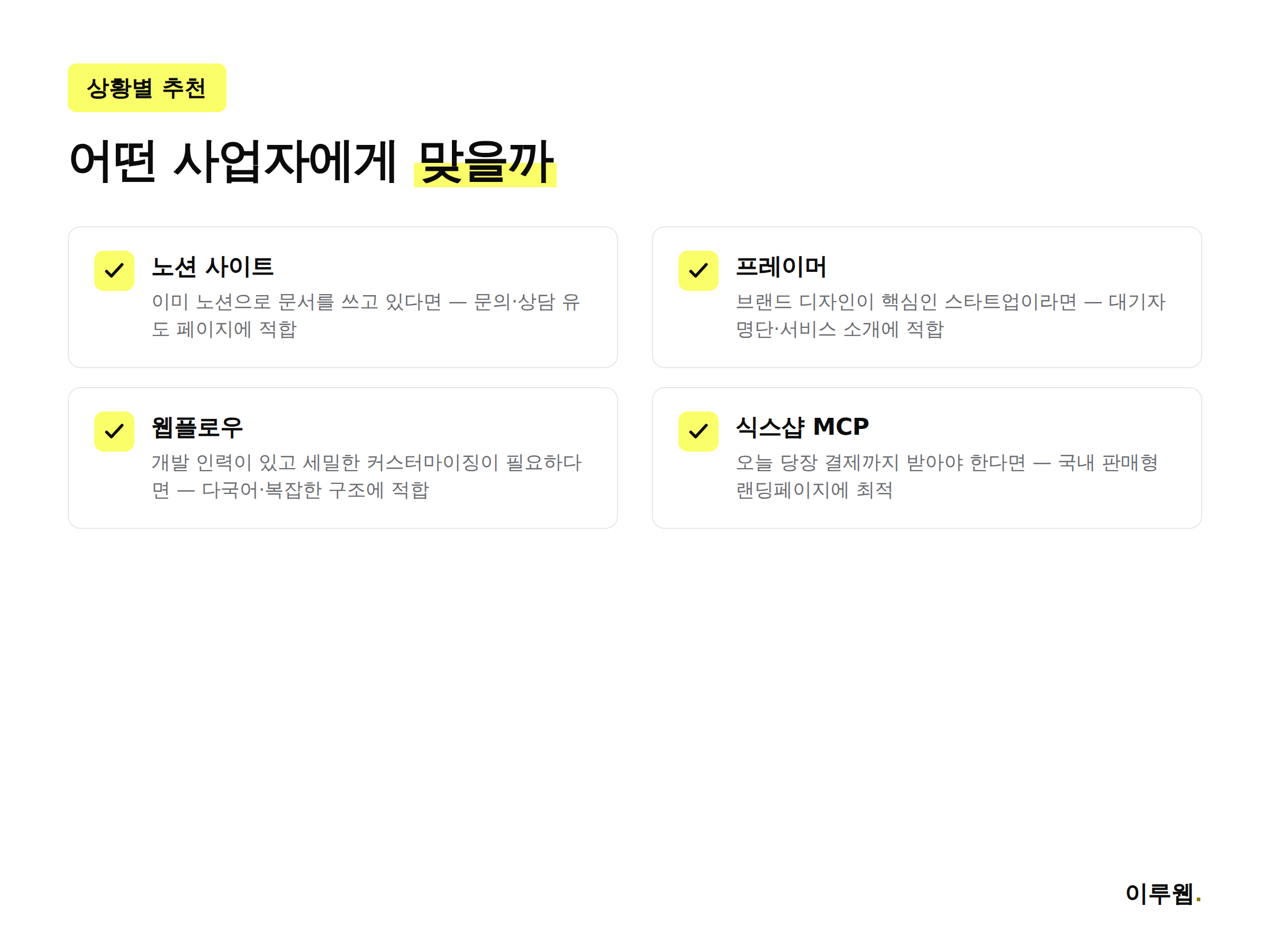 상황별로 노션 사이트, 프레이머, 웹플로우, 식스샵 중 어떤 도구를 골라야 하는지 정리한 체크리스트 인포그래픽